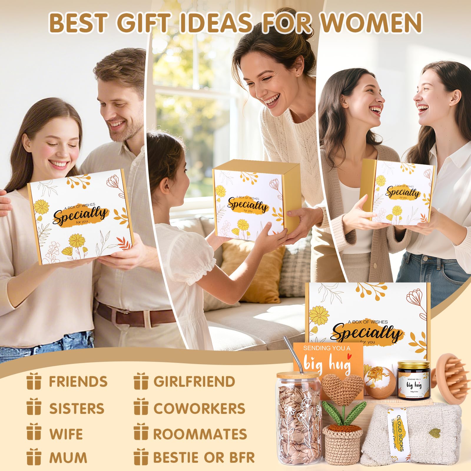 “Hug” Regalo Donna, buoni regali di miglioramento, regalo di compleanno positivo per donne, set regalo di rilassamento per migliore amica, sorella, collegina, Get well soon gift