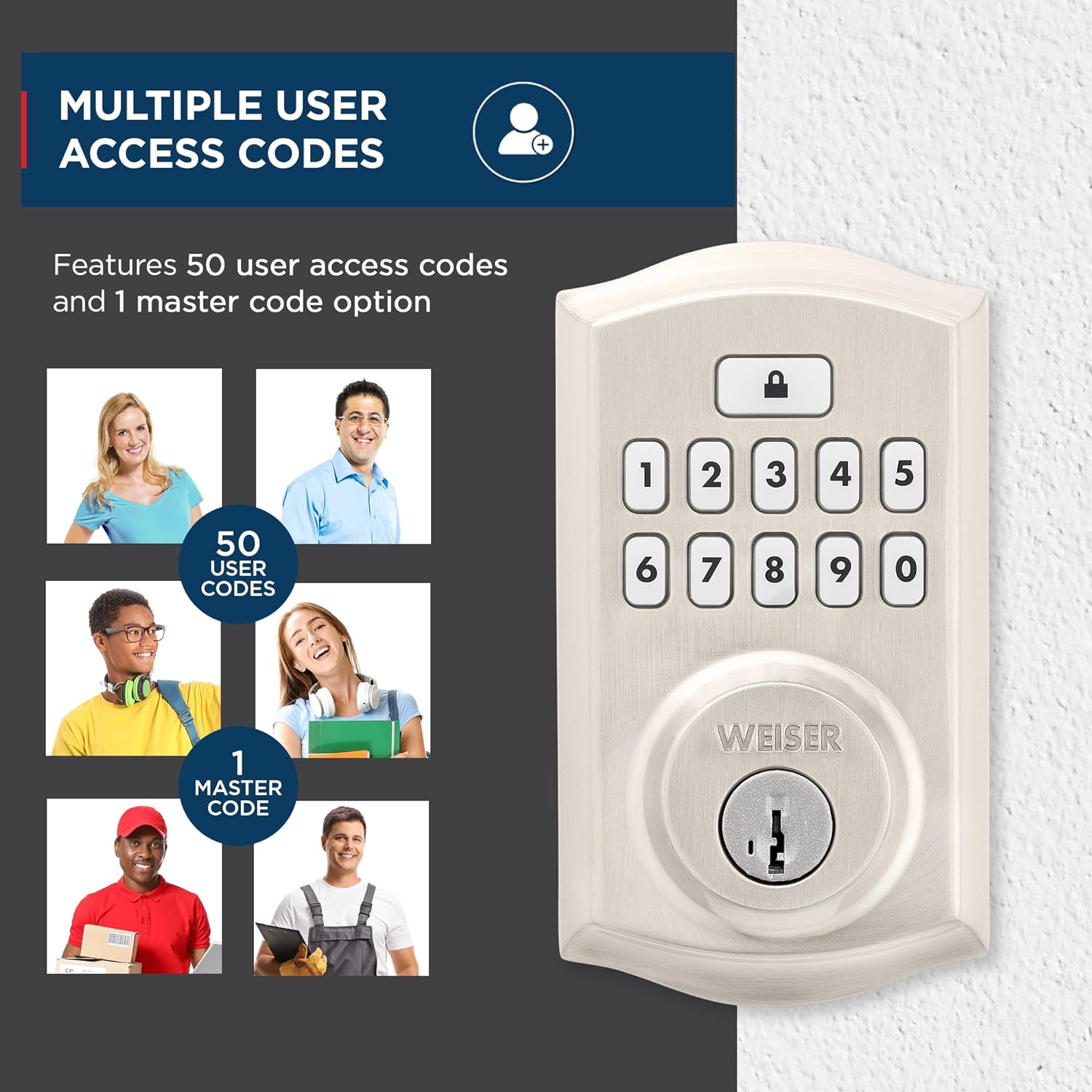 Woman and dog leaving house, showing auto-lock feature of Weiser SmartCode lock