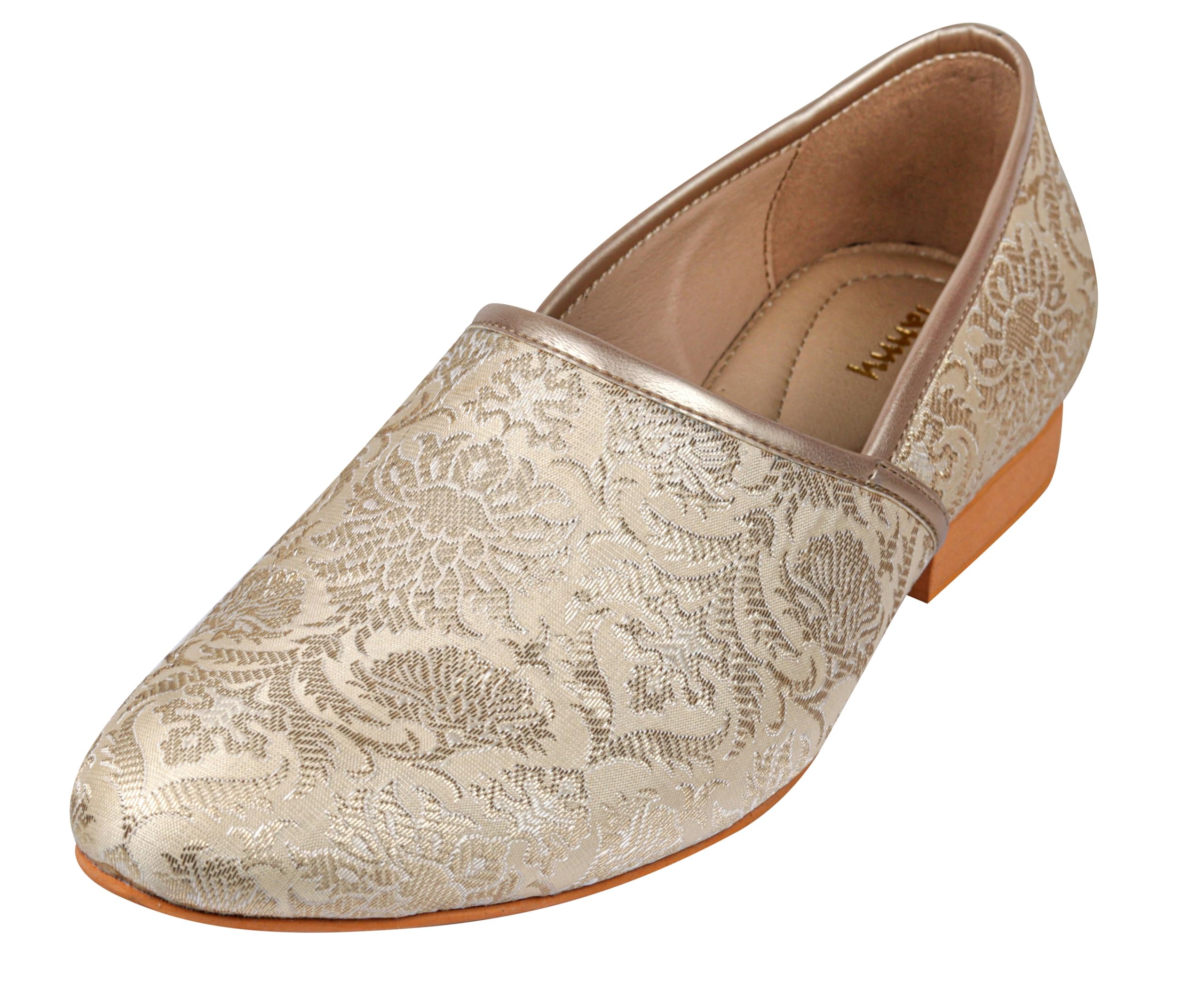 Men's Gold Floral Lace Slip-on Jutti for Bridal Party Casual Ethnic Shoe, Juti, Juti for men, Ethnic juti, Juttis and Mojaris, Cocktail, Wedding|Party|Occasions|Fashion|Outdoor|Indoor|Lightweight|Shoes with TPR Sole-image-8