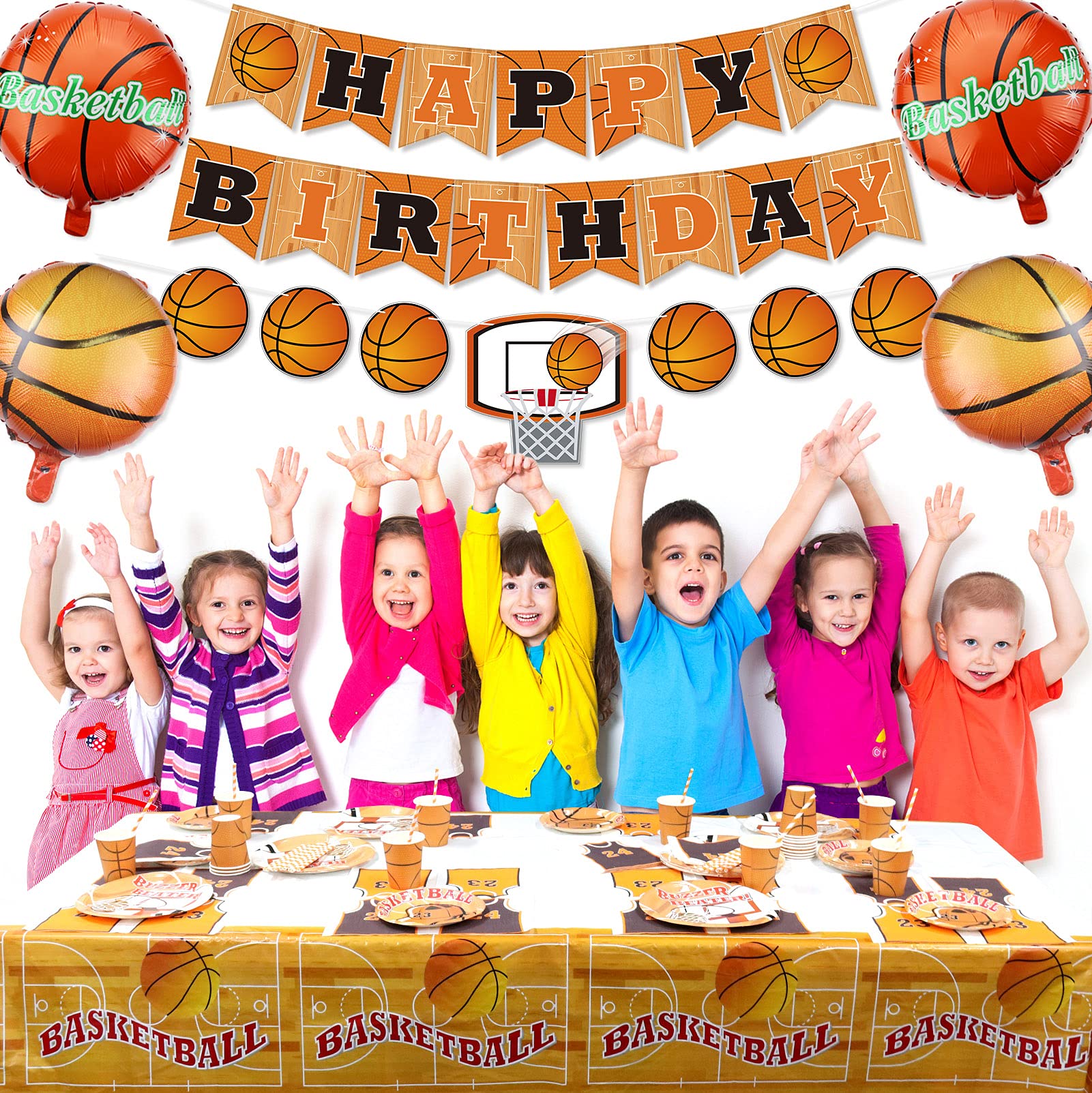 Kit Decorazioni Festa Basket Completo - Striscione, Piatti, Palloncini E Tovaglia Per 20 Persone - Foto 5