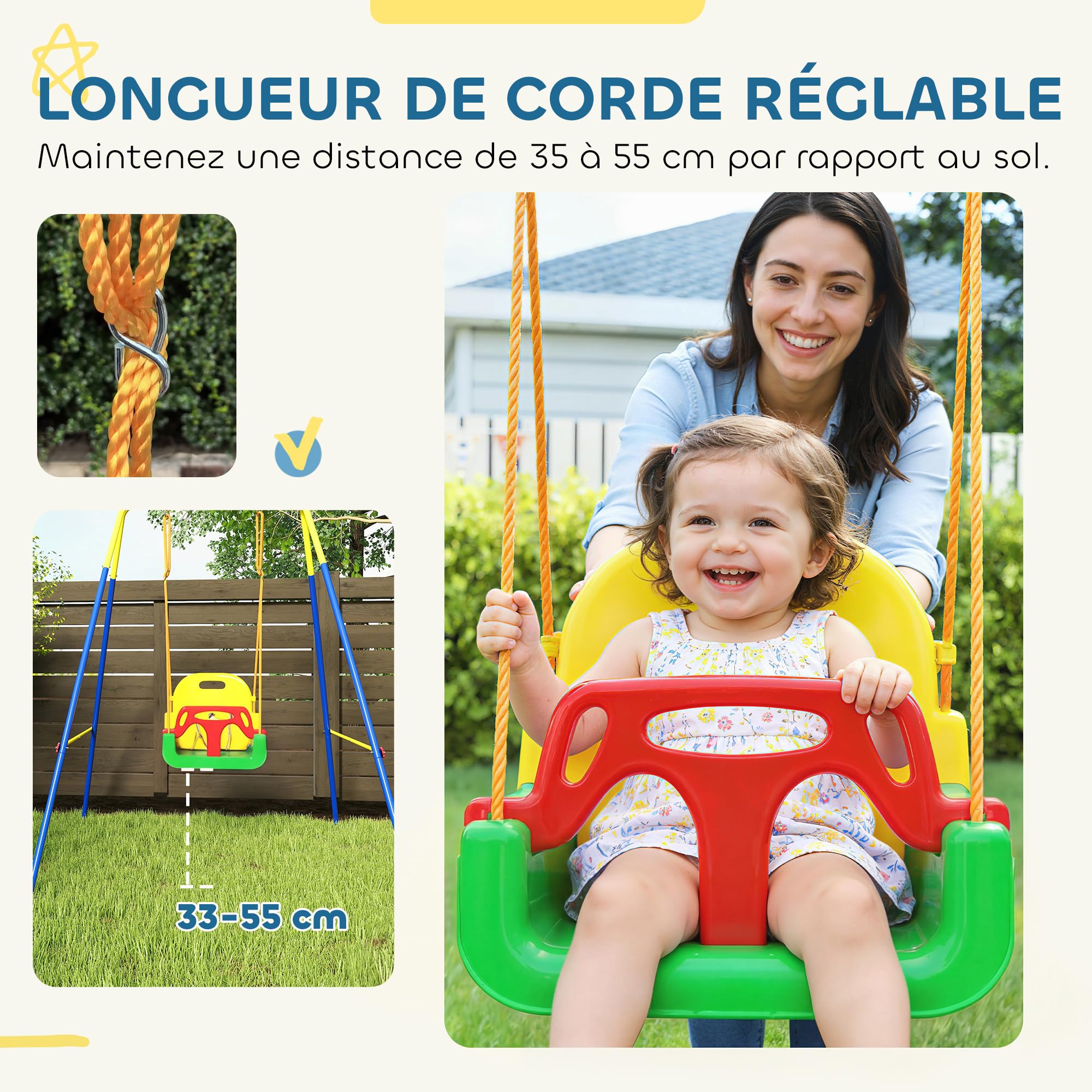 AIYAPLAY Portique Balançoire Exterieur Enfants 3-en-1 Pliable Multicolore