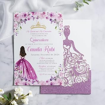 ponatia 25 PCS XV ANOS Personalized Invitation Cards, Quinceanera Invitations, Customized Invitation Cards, Personalized Printed Order, Picture Card-Purple Glitter