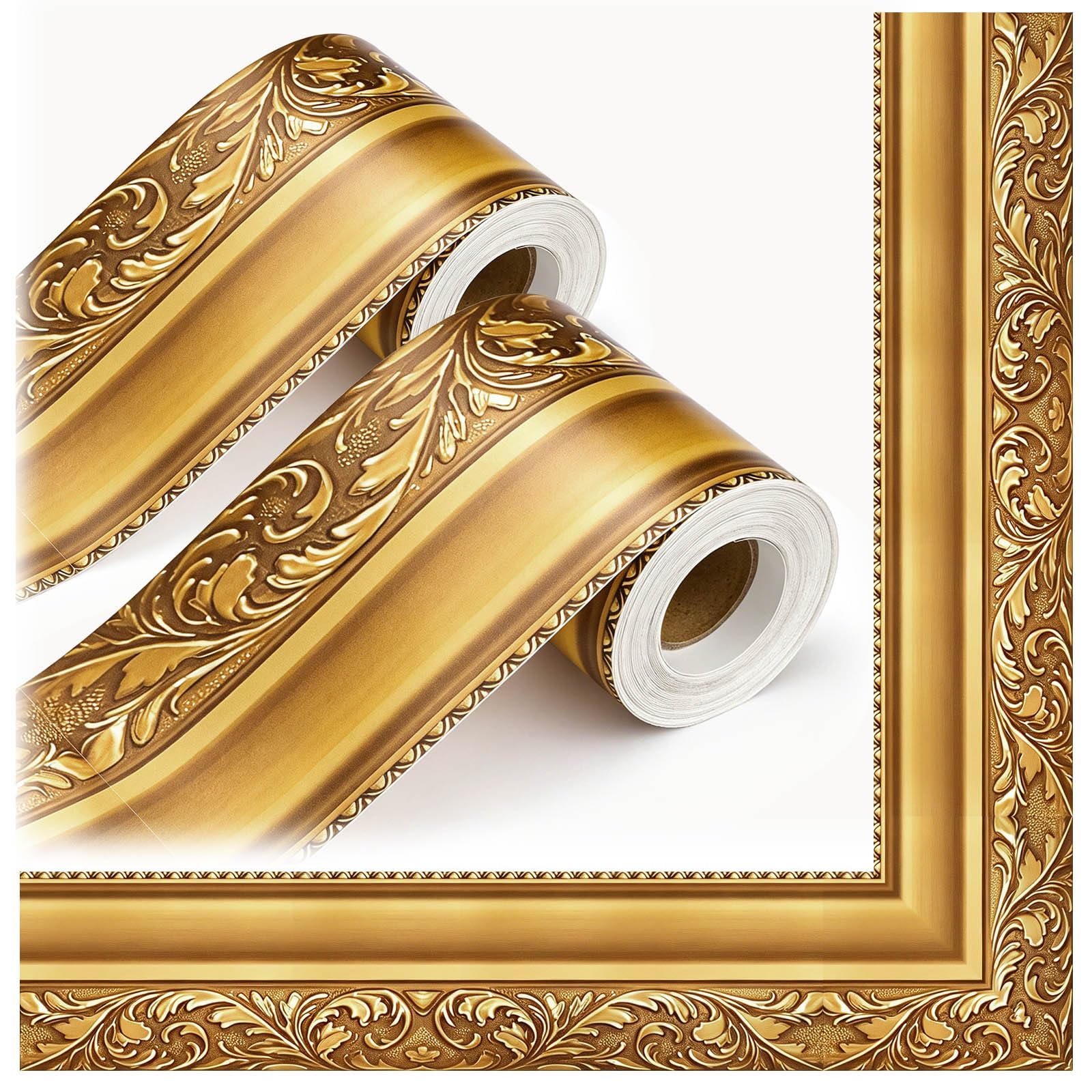2 Rolls 66Ft Vintage Gold Bulletin Board Borders, Die-Cut Straight Frame Peel and Stick Molding Trim, Decorative Trim for Chalkboards, Picture Frames, Artworks, Mirrors, Backdrops (Retro)