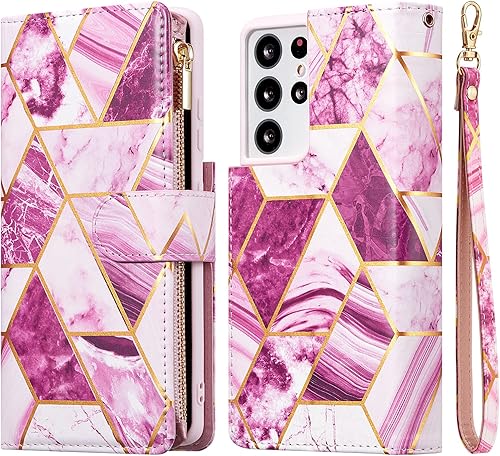 Miniatura 7 de UEEBAI Funda tipo cartera para Samsung Galaxy S22 Ultra 5G, piel sintética de alta calidad, cierre magnético, bolsillo con cremallera, ranuras para