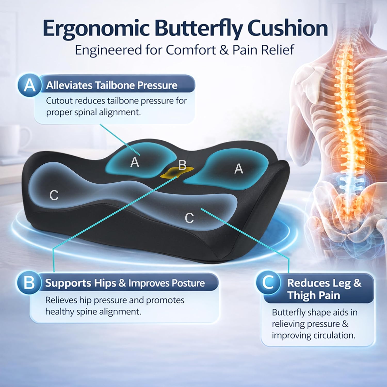 X Large Memory Foam Seat Cushions for Office Chairs, Long Sitting Pressure Relief Ergonomic Office Chair Cushion for Butt Coccyx Tailbone Sciatica, Car Seat Booster for Height (Black)