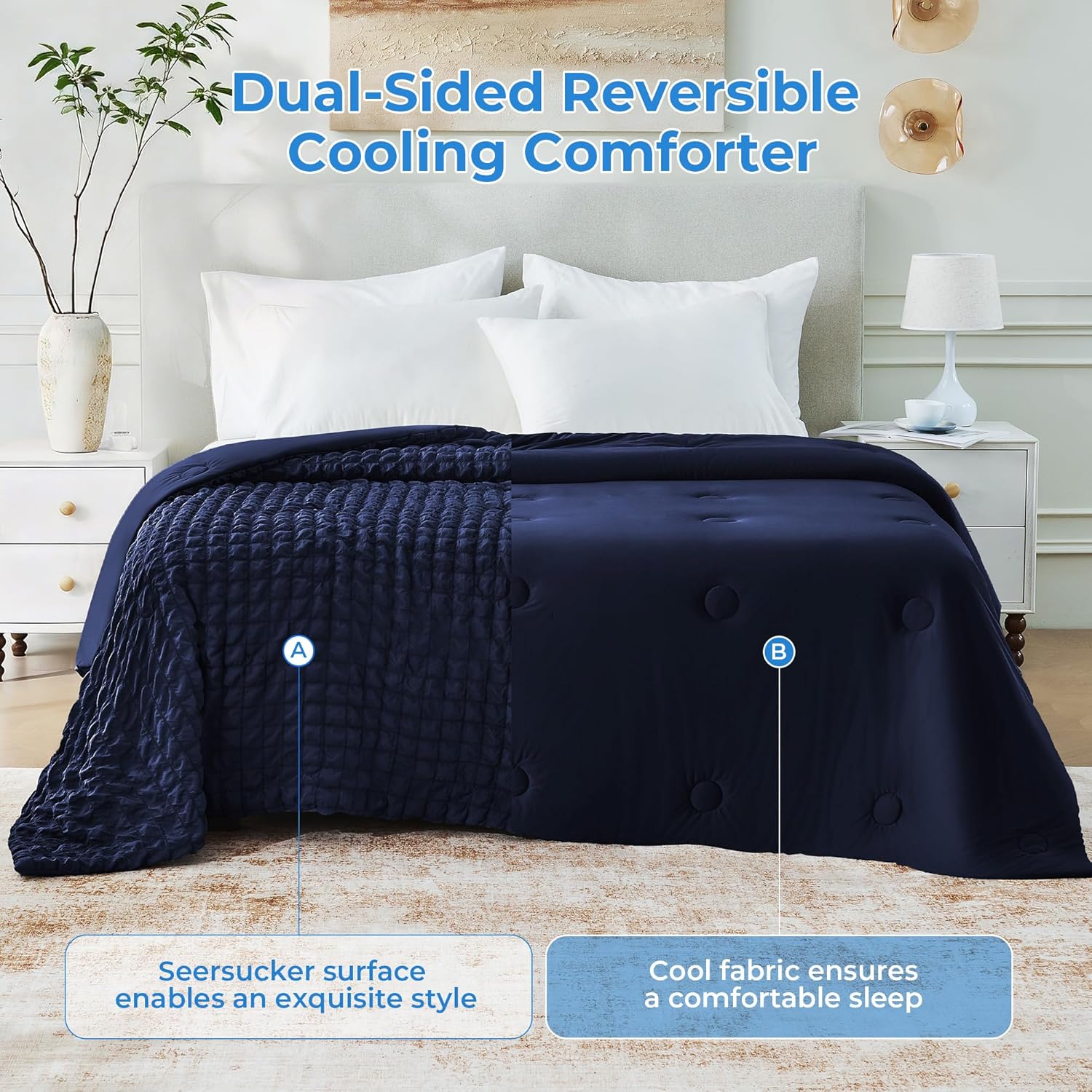 Seersucker Cooling Comforter King Size, Q-Max 0.45 Reversible Cooling Blanket for Hot Sleepers, Breathable Lightweight Silk Smooth Summer Bedding, Quilted Ice Blanket, Navy Blue