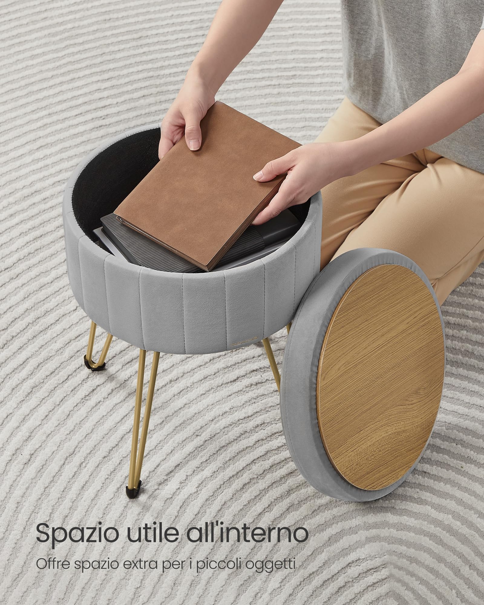 SONGMICS Sgabello Pouf Contenitore, Cassapanca Rotonda, Sgabello Toeletta in Velluto, 39 x 44,4 cm (Diam. x A), 4 Gambe in Metallo, Soggiorno Camera da Letto, Grigio Tortora LOM003G02