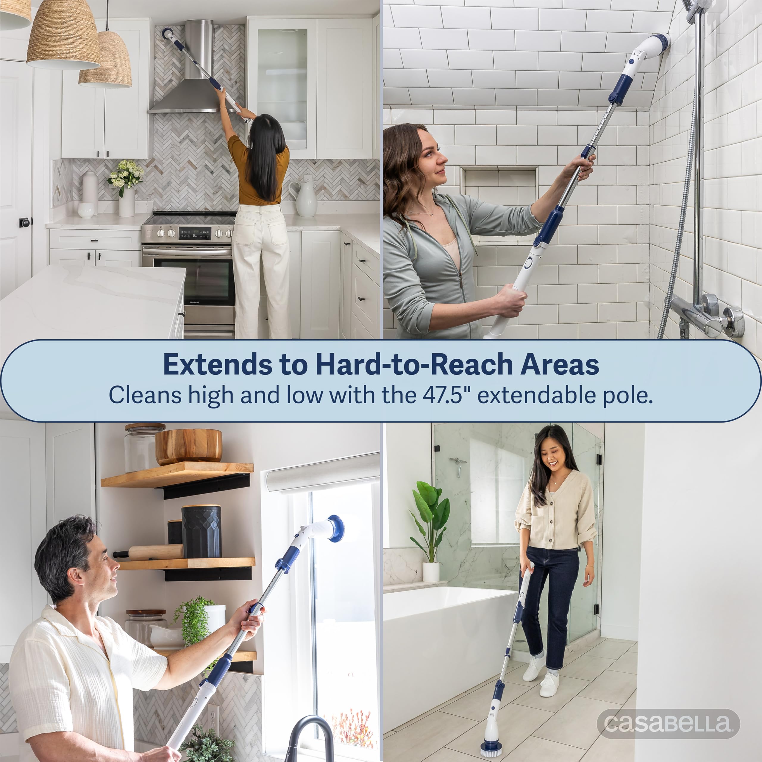 Casabella Power Spin Scrubber allungabile fino a 120,7 cm – Pulitore elettrico senza fili per doccia, cucina, bagno, piastrelle, vasca, auto, ponte – Spazzola rotante ricaricabile con testina