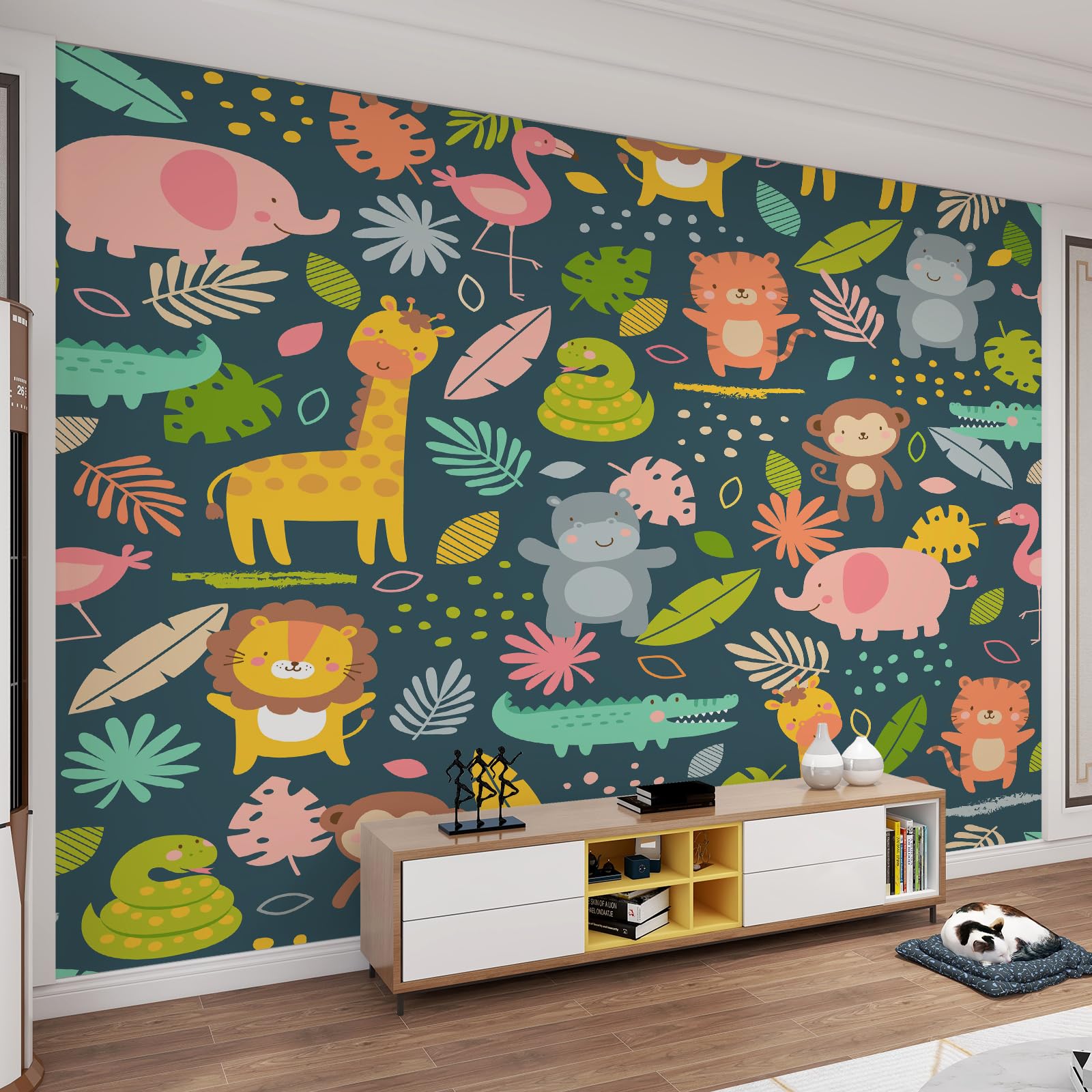 Papier peint 3D animaux de la jungle et palmier autocollant mural chambre 200x140cm