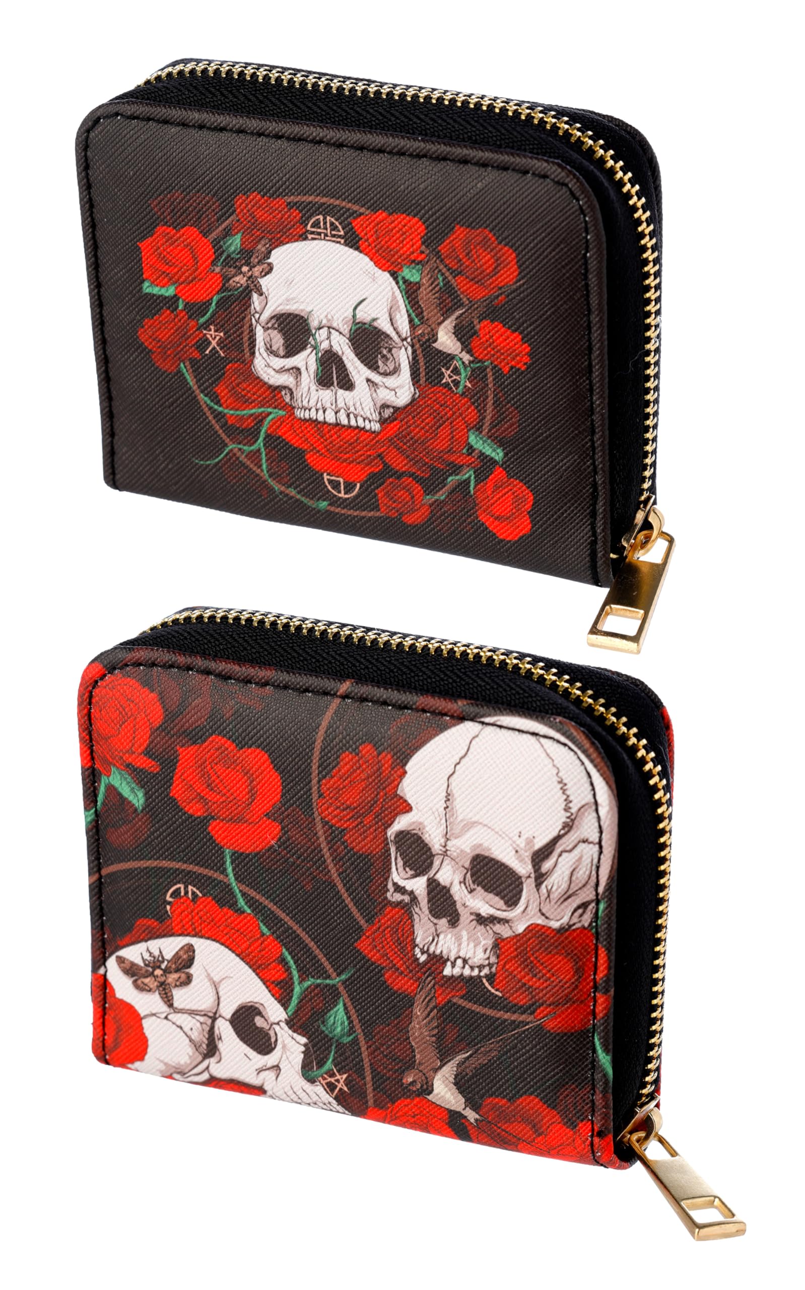 Puckator Skulls and Roses Zip Around Small Wallet Purse - Ladies Women's Womens Slim Purses Wallets Wallet for Women - Coin Pouch Purse Men - Card Holder with Zip - Small Cash Wallet Bag Bags UK