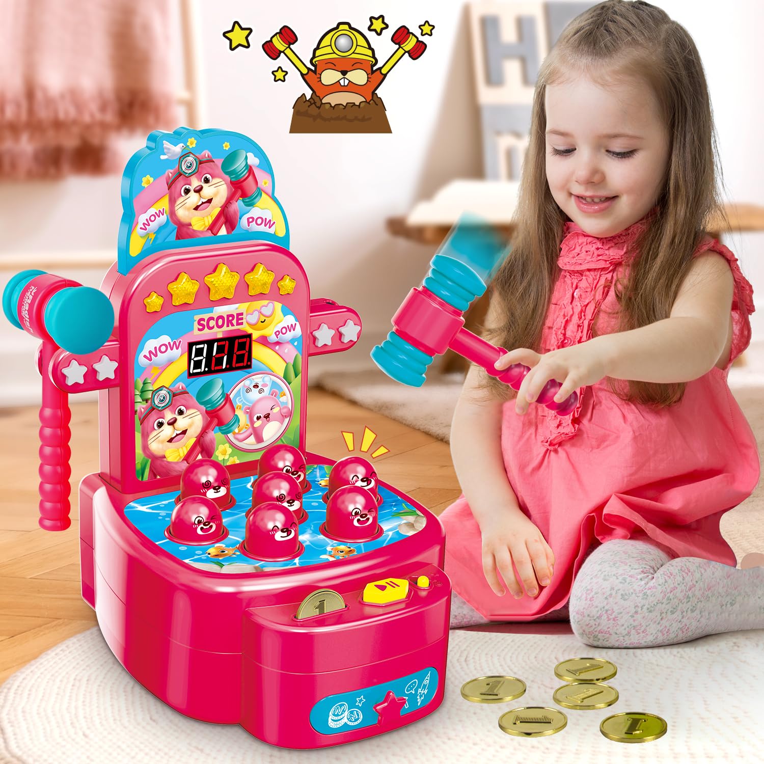 VATOS Acchiappa la Talpa, Mini Gioco elettronico Arcade, Gioco con 2 martelli, interattivo per Lo Sviluppo educativo per Bambini e Ragazzi di età 3 4 5 6 Anni