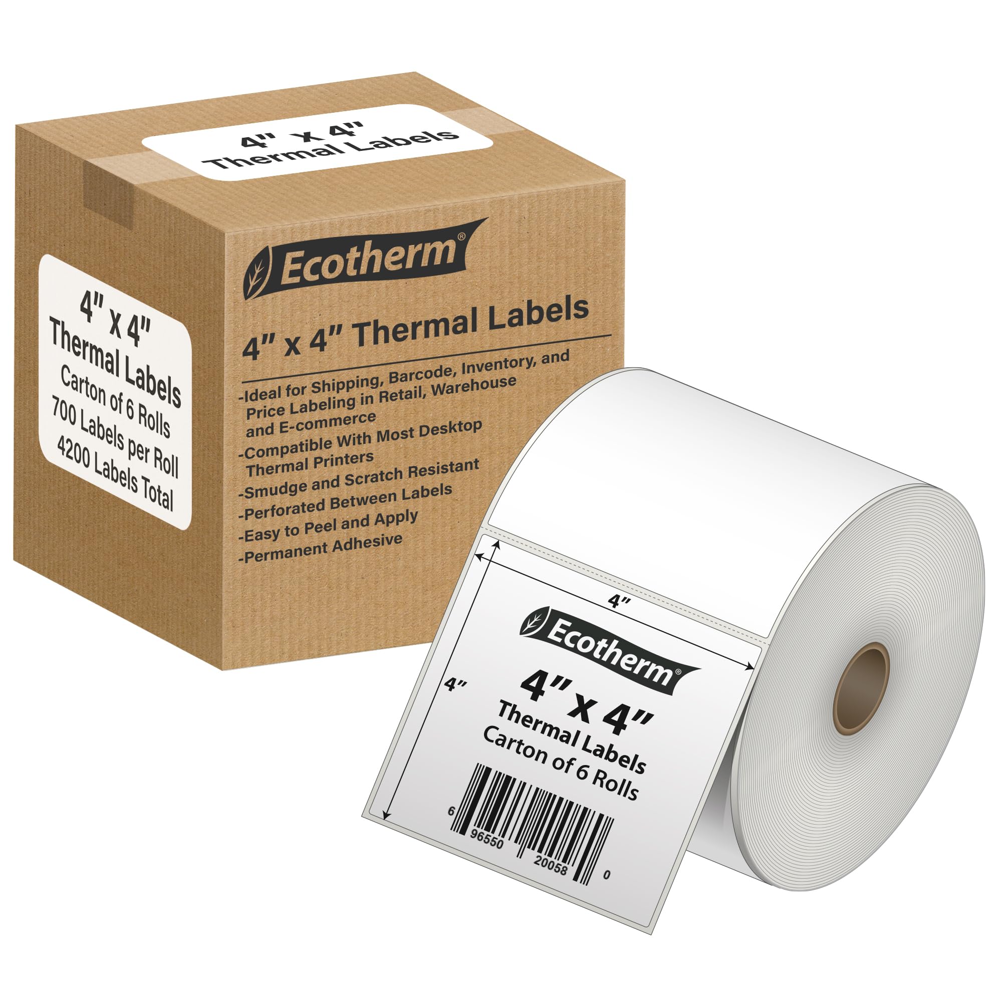 4 x 4 etiquetas adhesivas de papel térmico directo, 8400 etiquetas, 700 etiquetas por rollo, 6 rollos para impresoras térmicas directas Datamax, Intermec, Sato, TSC, Zebra Direct