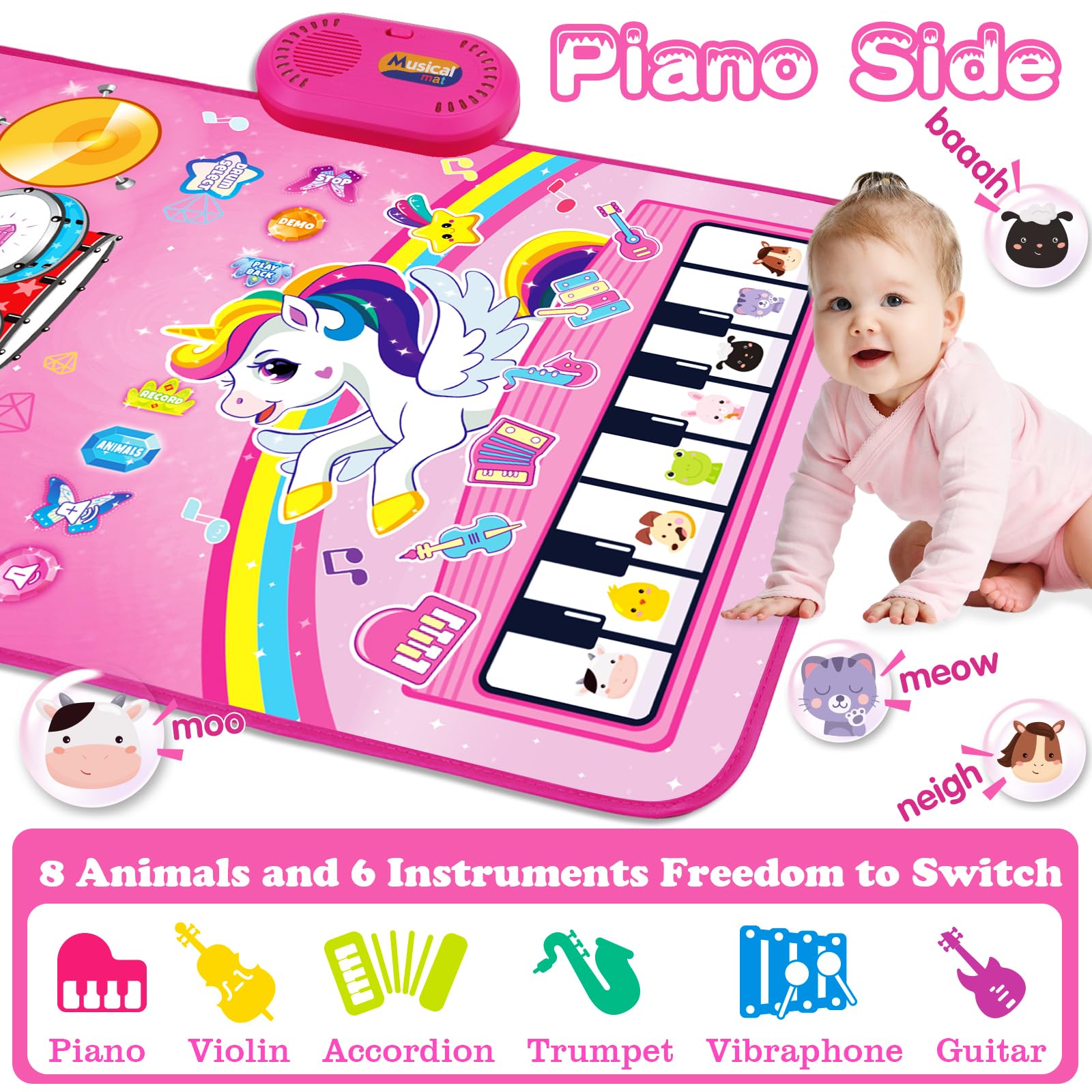 Toys for 1 Year Old Girl Gifts: Baby Music Mat Toddler Toys Age 1-2 - 3 in 1 Piano Drum Animal Touch Unicorn Toy - Infant Musical Toy 12-18 Months Babies Birthday Easter Gifts for 1 2 3 Year Old Girls