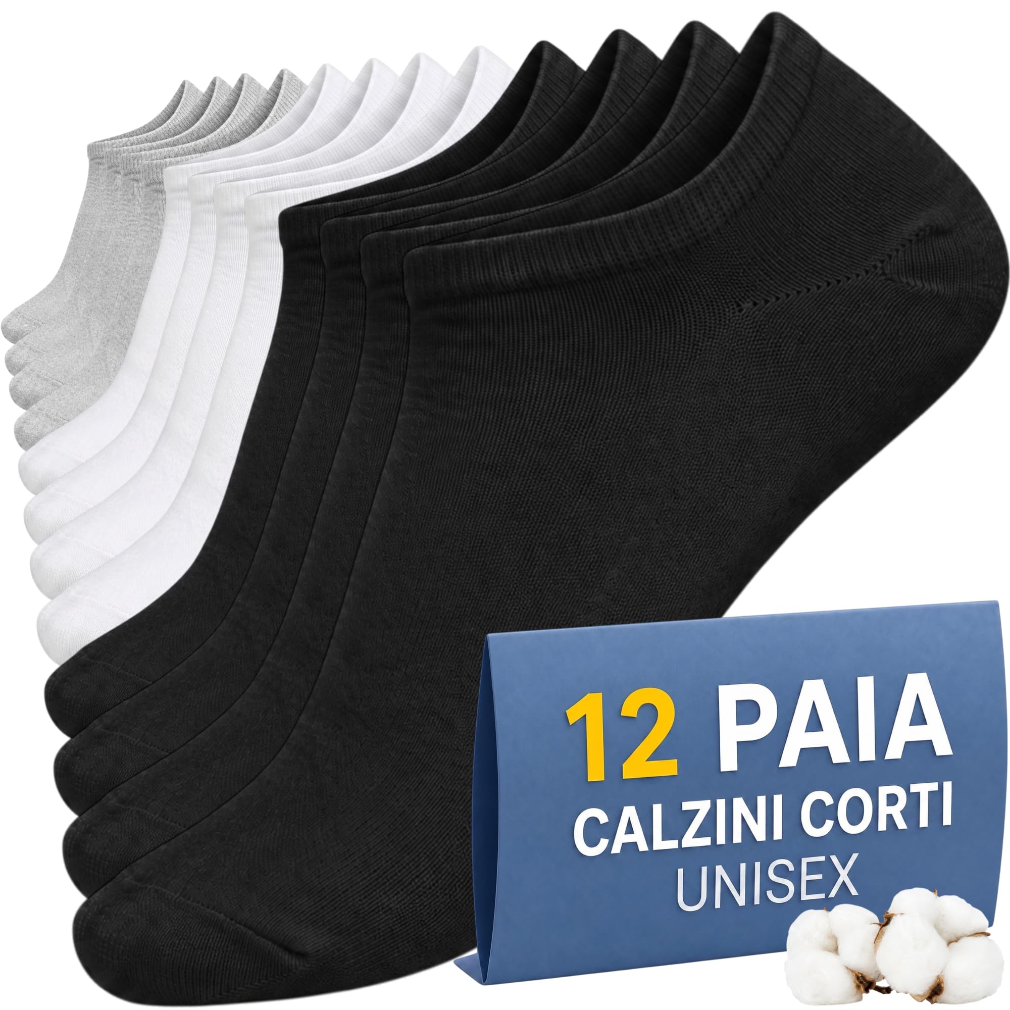 12 Paia Calzini Corti Uomo Donna Bassi Cotone Traspiranti Unisex Morbidi | Fantasmini Quasi Invisibili, antiscivolo, morbidi, confortevoli, ideali per sport, running, lavoro uso quotidiano in estate.