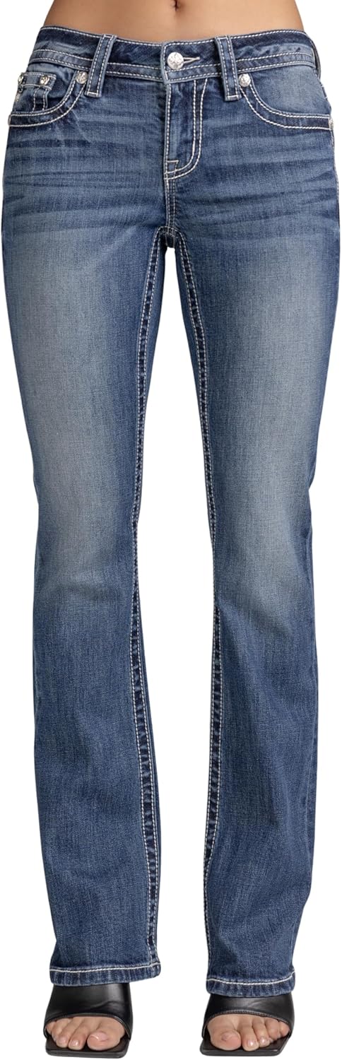 Miss Me Women's Turquoise Spread Wings Embellished Pockets Mid-Rise Bootcut Jeans - Image 2