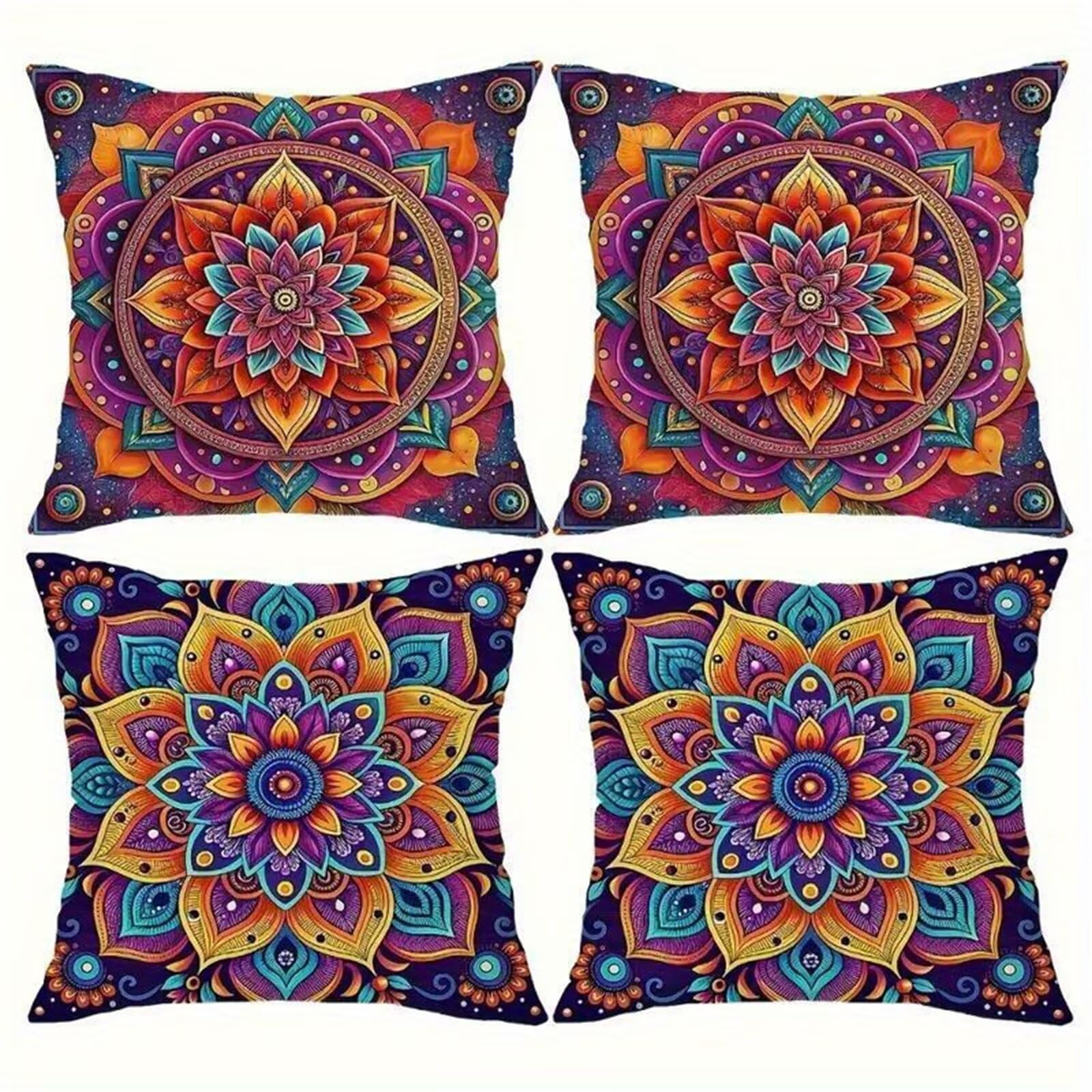 QiHon Purple Yellow Mandala Cushion Covers 30x30 cm Set of 4, Decorative Throw Pillow Cases, 12x12 inch Square Linen Pillowcases for Sofa Living Room Bedroo