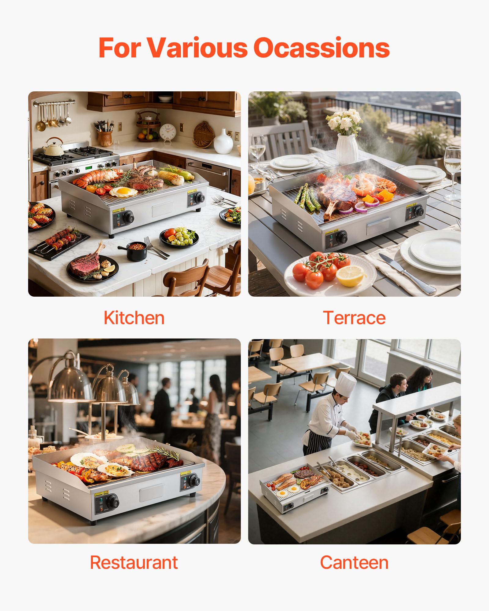 VEVOR Plancha Électrique 72,5x40 cm, Plaque à Snacker 4400 W, pour Barbecue Restaurant Snack-Bar, Plaque de Cuisson de Comptoir en Inox, Température Réglable 50-300 °C, Surface Mi-rainurée Mi-plate