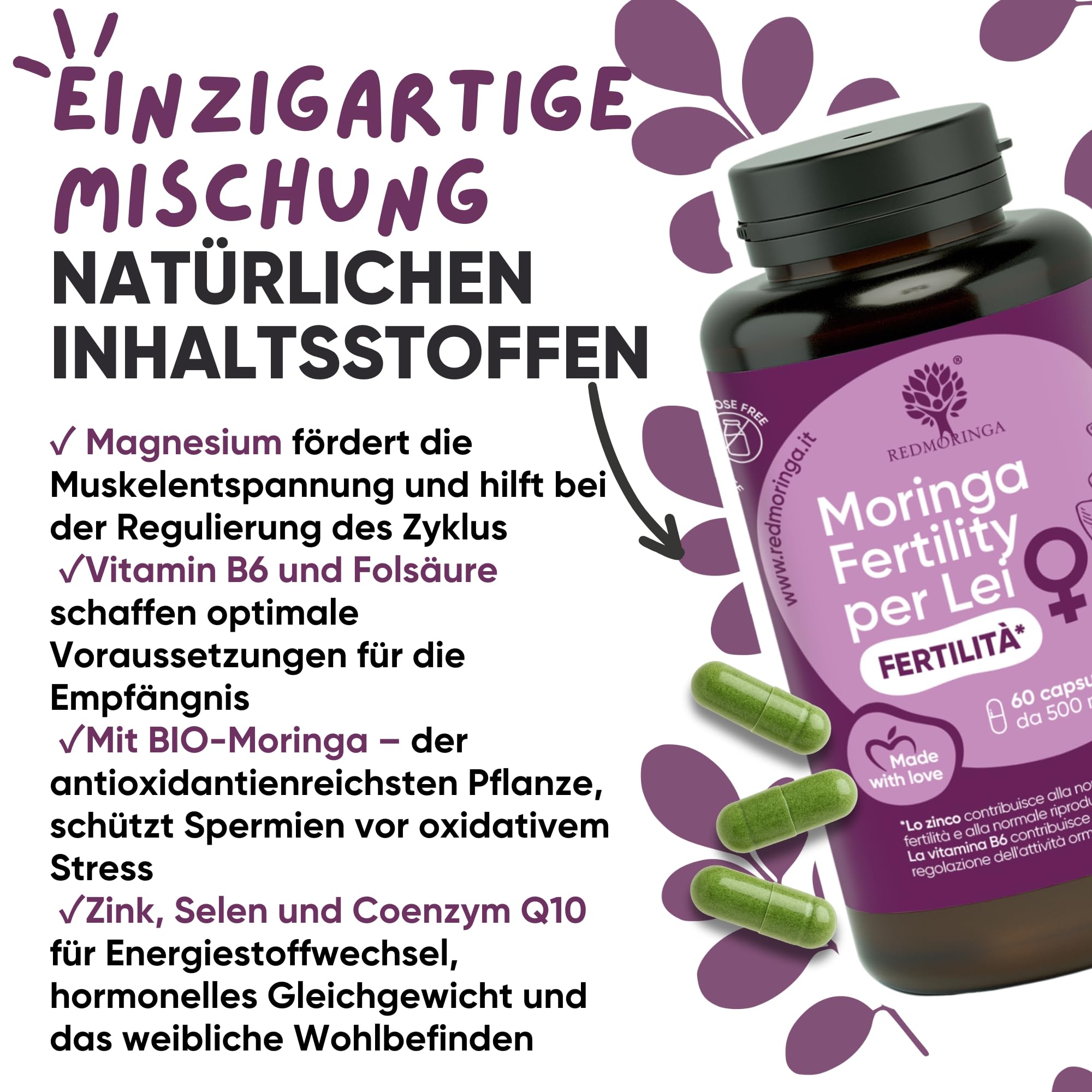 Red Moringa Kinderwunsch & Schwangerschaft Komplex - Moringa Kapseln mit Zink, Vitamin B12 & B6, Folsäure Kinderwunsch - Fördert weibliche Fruchtbarkeit, Hormonunterstützung & Zyklus - 180 Kapseln