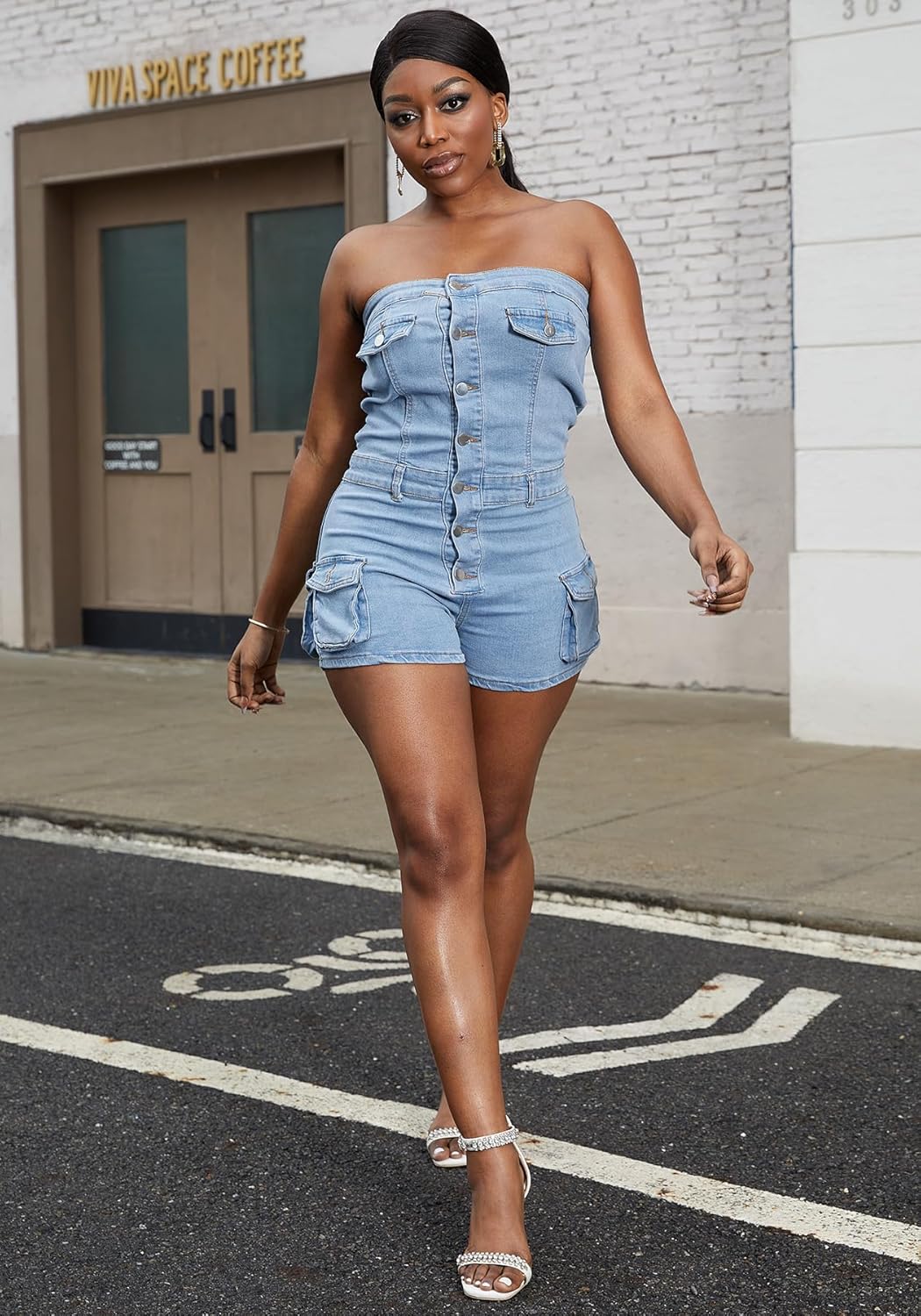 Kwunbwa Denim Shorts Jumpsuit for Women, Summer Cargo Casual Pockets One Piece Strapless Romper Jean Overalls Shorts