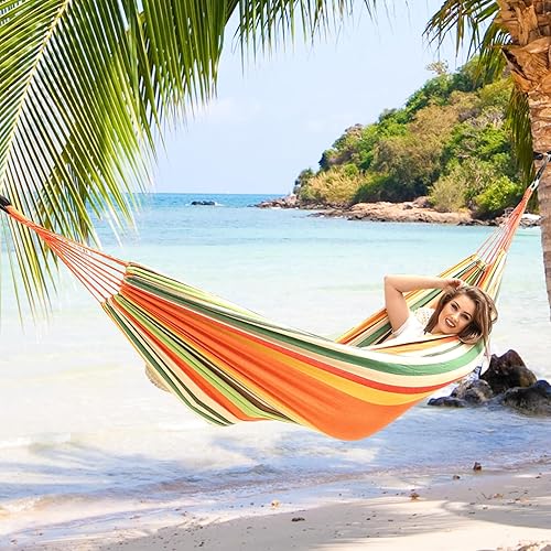 Miniatura 26 de Anyoo - Hamaca de algodón para jardín, con correas para colgar, hasta 660 libras, hamaca portátil con bolsa de viaje, perfecta para acampar al aire