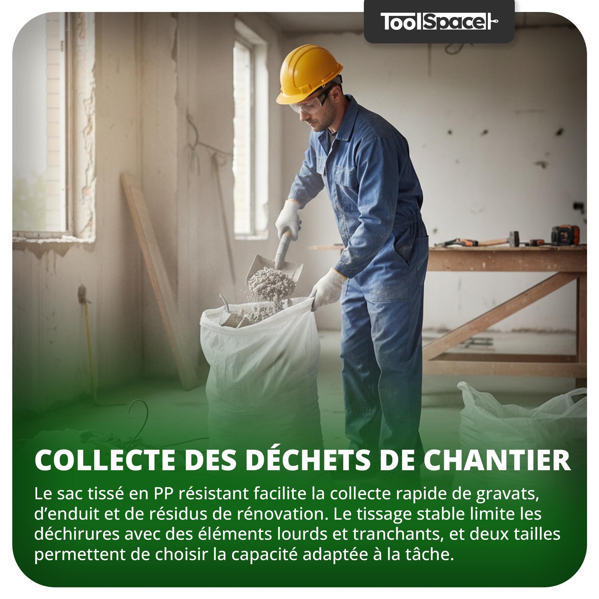 ToolSpace Sac à Gravats PP Tissé 65×105 cm Polypropylène 50 kg Réutilisable