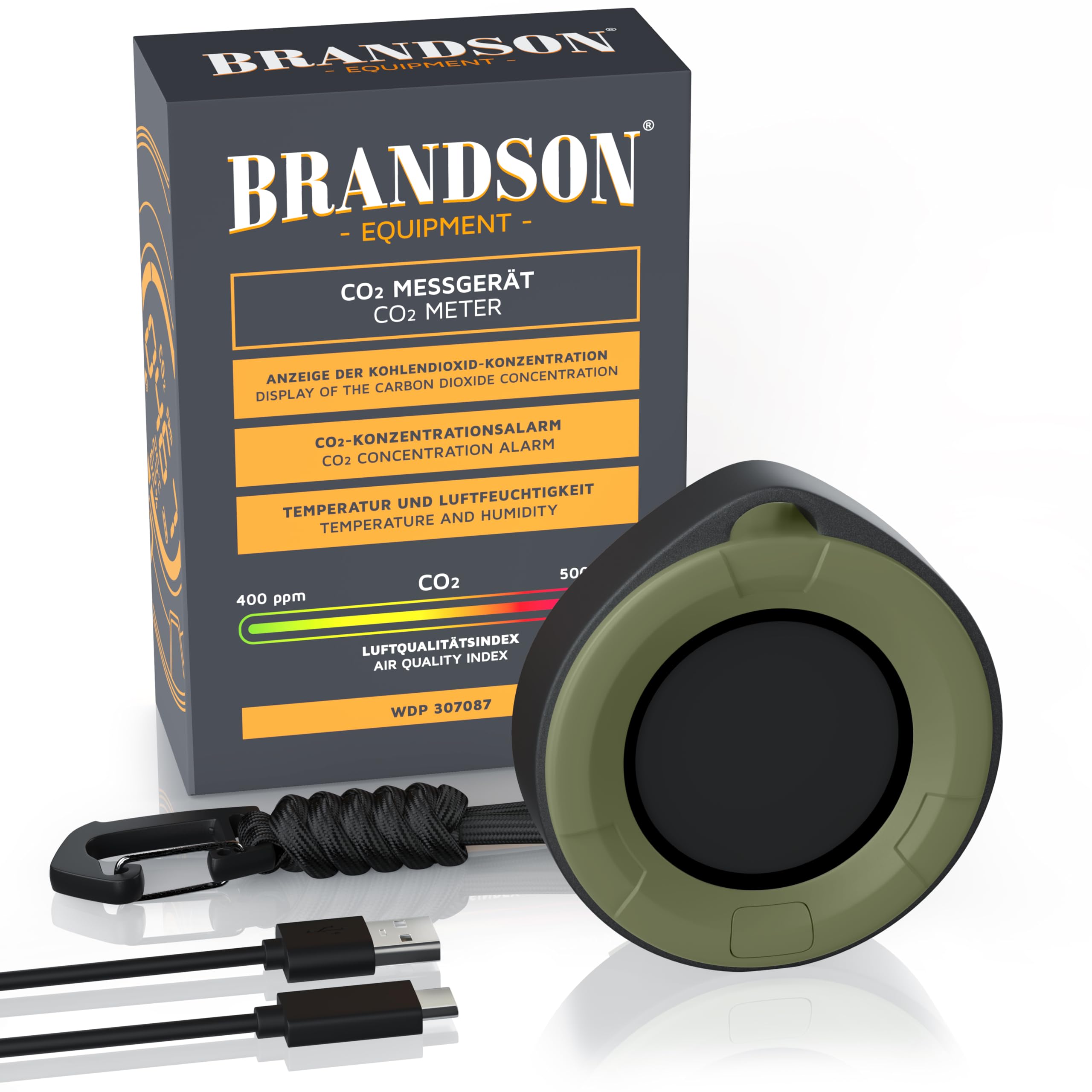 Brandson CO2 Melder Messgerät tragbar Luftqualitätsprüfer Kohlendioxidmessung PPM 1200 mAh Akku CO2 Alarm Temperaturanzeige Luftfeuchtigkeit