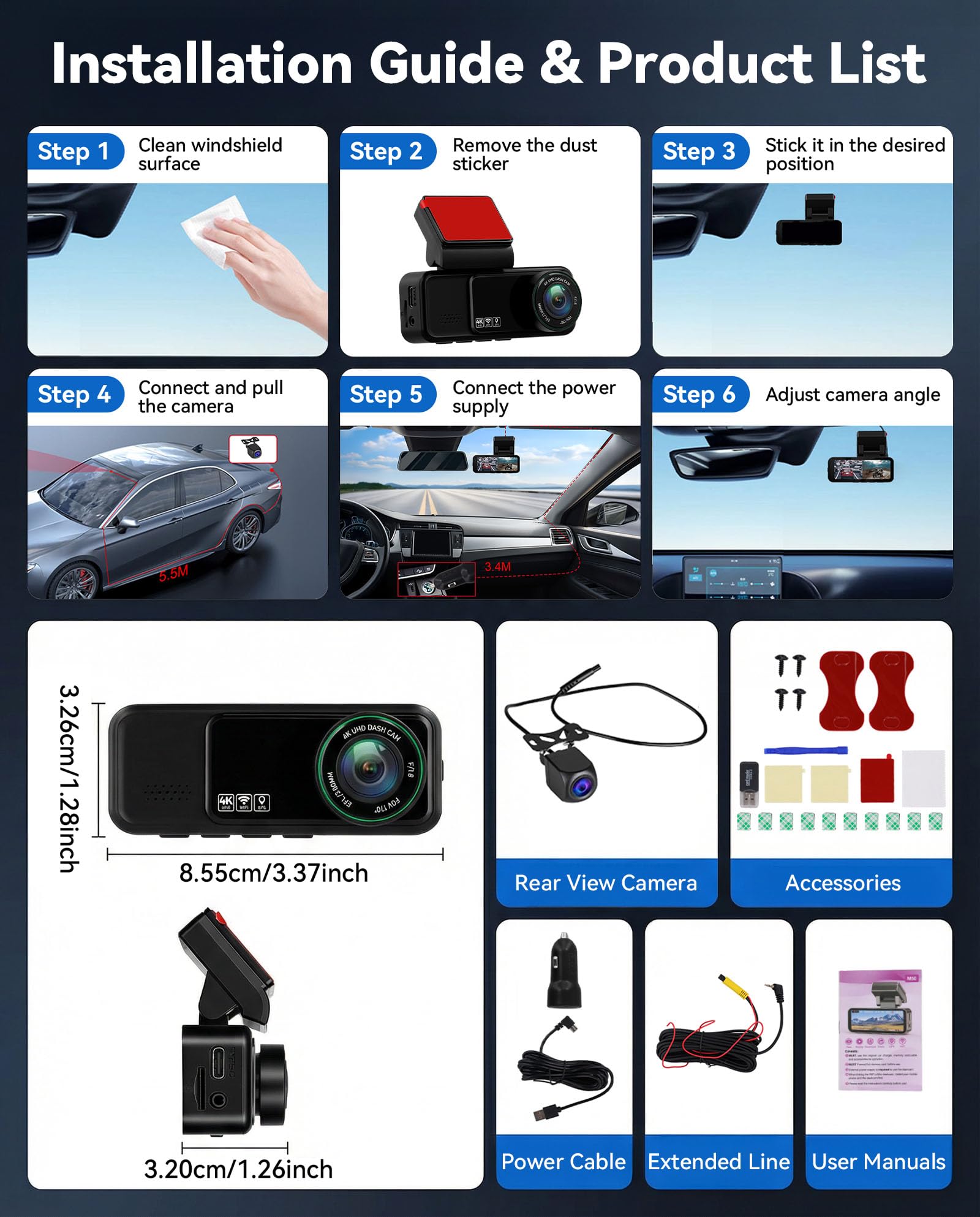 SIXWIN Dashcam 4K para Coche – Cámara Delantera 4K UHD y 2K Trasera Full HD, Pantalla 3.16″, WiFi y App, GPS, ADAS, Sensor de Golpes,Grabación Cíclica, Monitorización de Aparcamiento 24/7