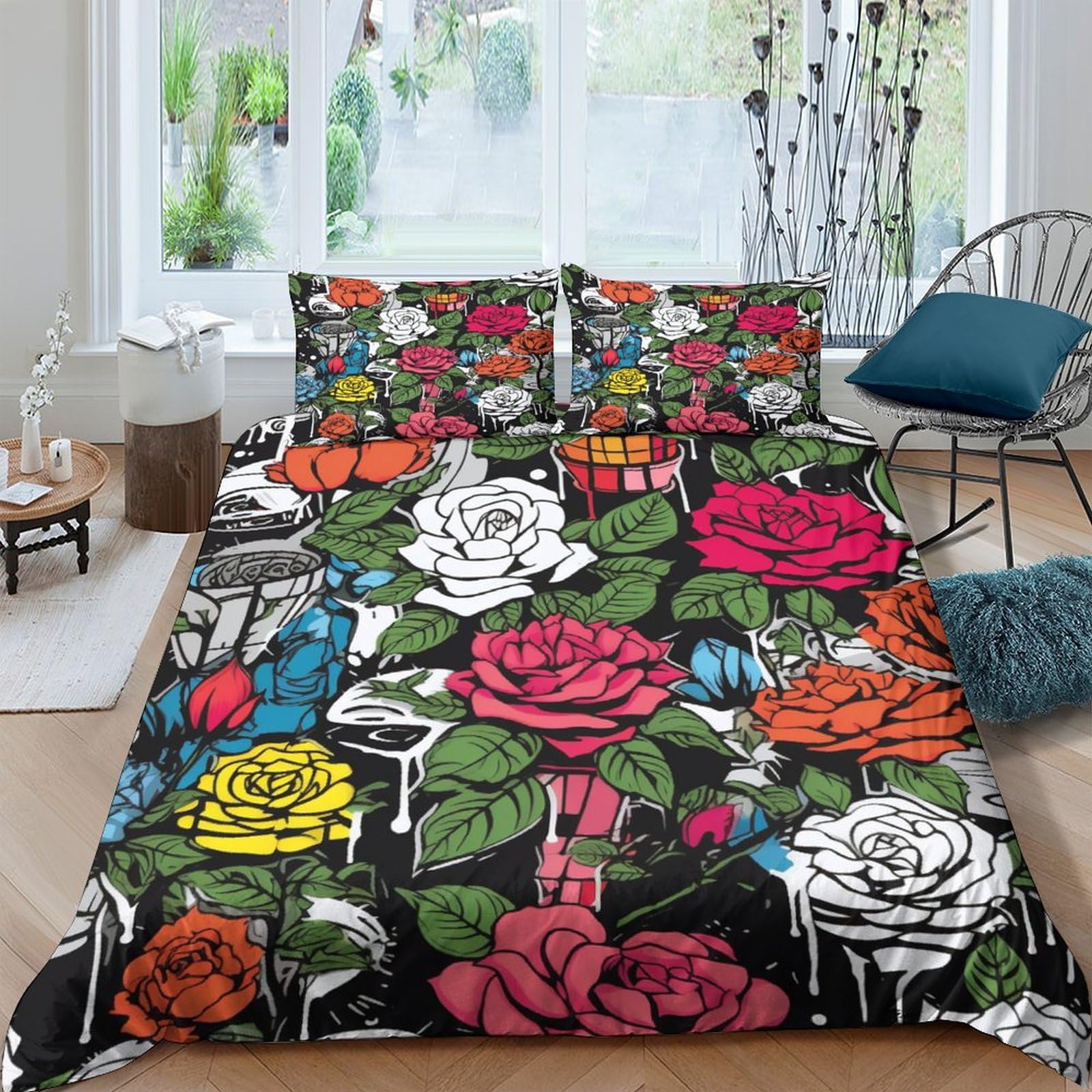 Housse de couette pour adultes et enfants lit king motif rose rouge parure de lit ambiance romantique