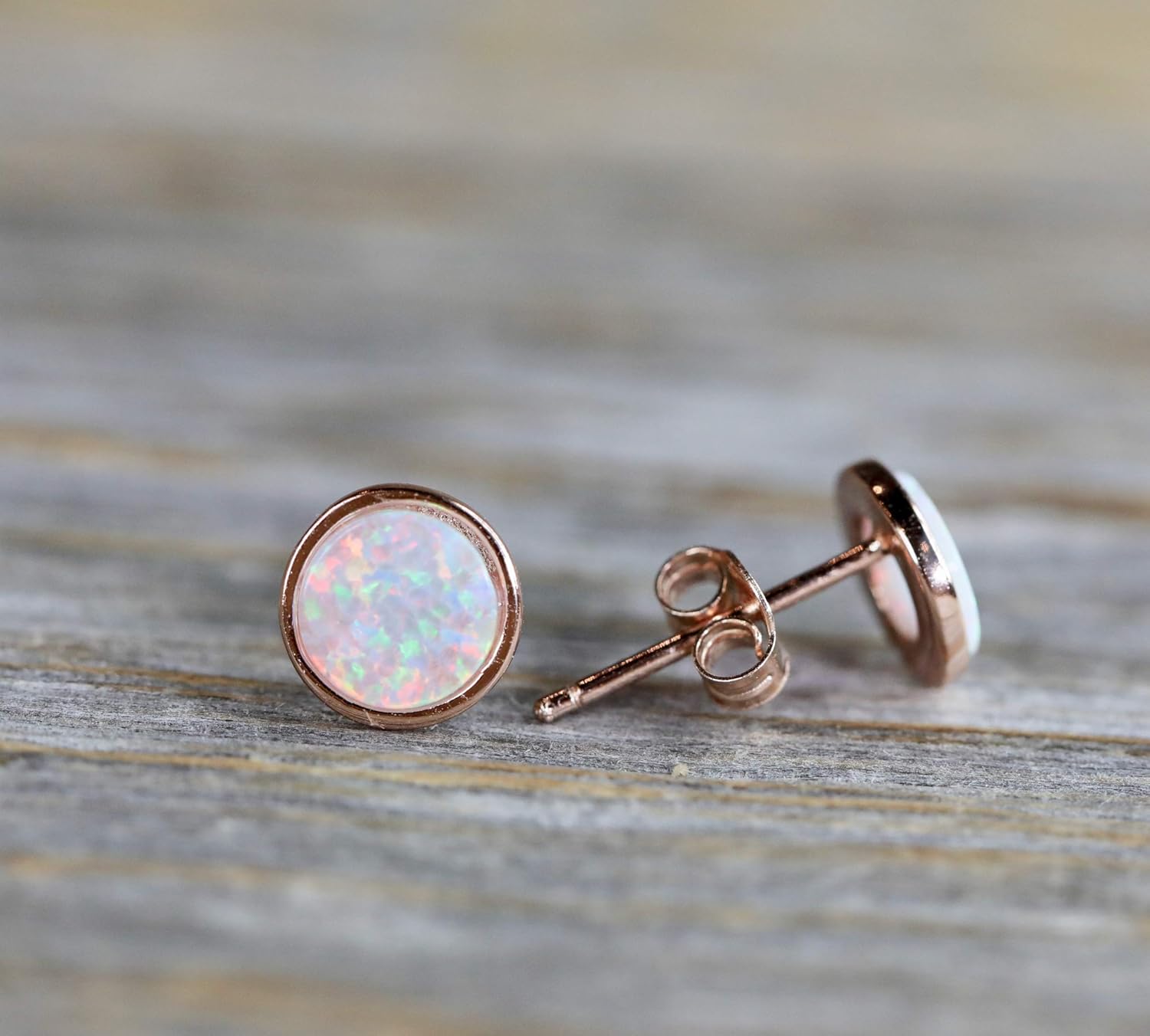 White Opal Stud Earring- 7mm-14k ROSE Gold Sterling Silver- Mothers Day- Graduation- Teacher Gift Idea - Image 7