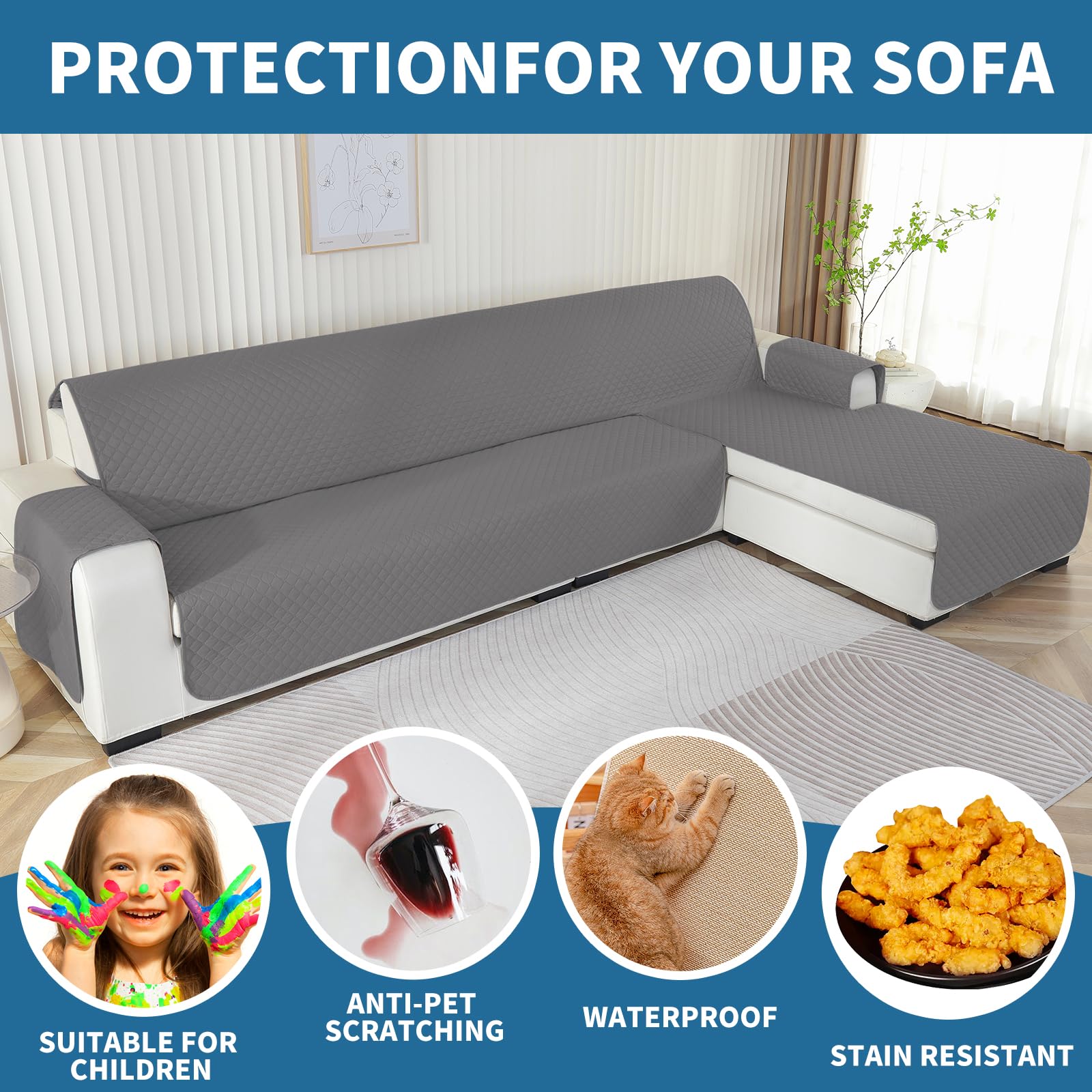 Ystyle Bankhoes Hoekbank 2 Zits, Universele Omkeerbaar Rechter/Linker Peninsula Sofa Cover L Shaped, Waterproof Couch Cover L Shaped, Antislip L-Vormige Bankhoes (210cm, Grijs