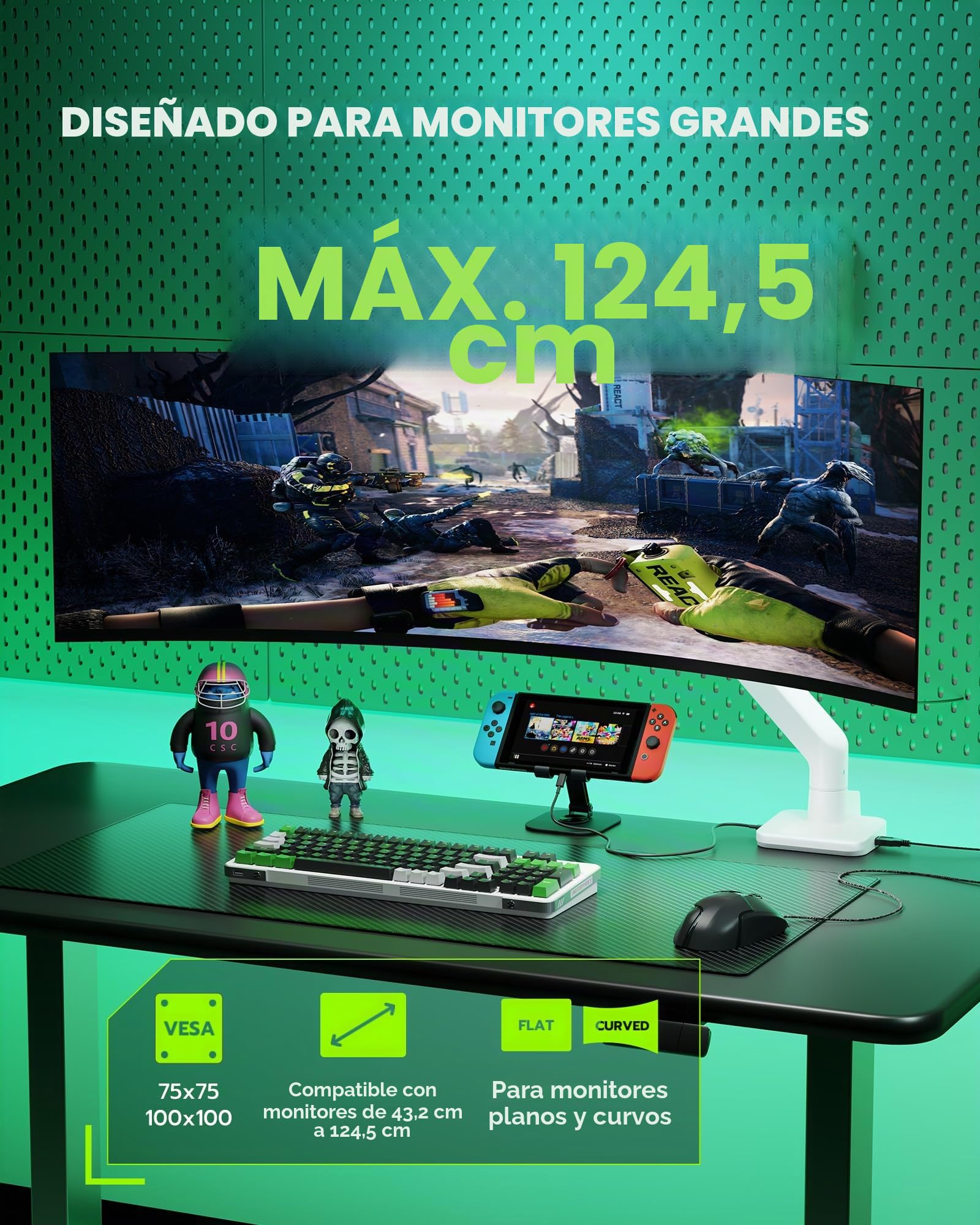 ARES WING Brazo Monitor Soporte Monitor 17-49" hasta 20kg con USB Blanco | Brazo para Monitor Plano y Curvo Ergonómico, Resorte de Gas, VESA 75/100 mm, Altura Ajustable, Giro 360°, Inclinación ±20°