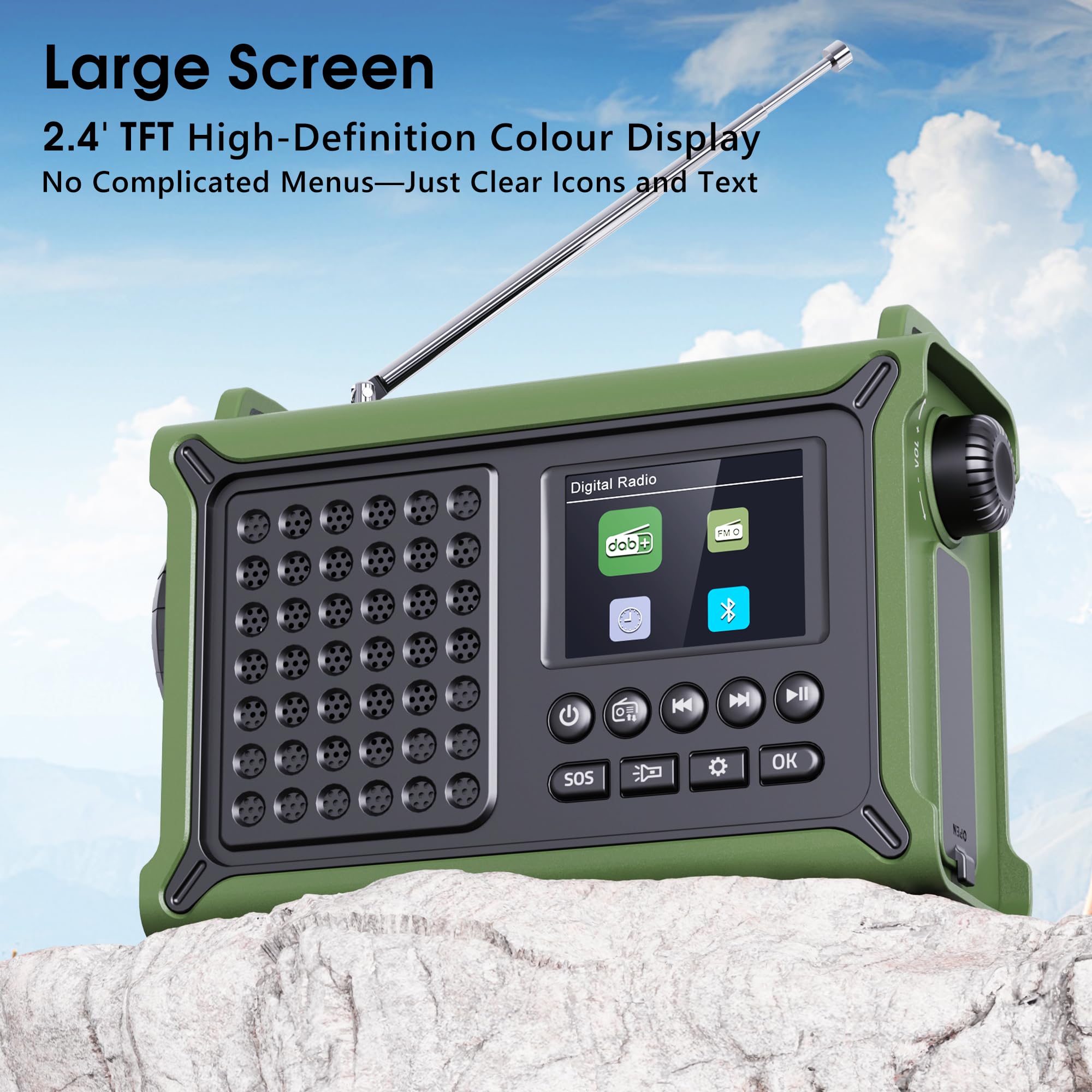 Radio Portable Dab/Dab+& FM, Radio Numérique avec Bluetooth 5.0, Écran Couleur 2,4", 12000mAh Power Bank pour Le Chargement d’Urgence du Téléphone Intelligent, 80 Stations Préréglées, Double Alarme