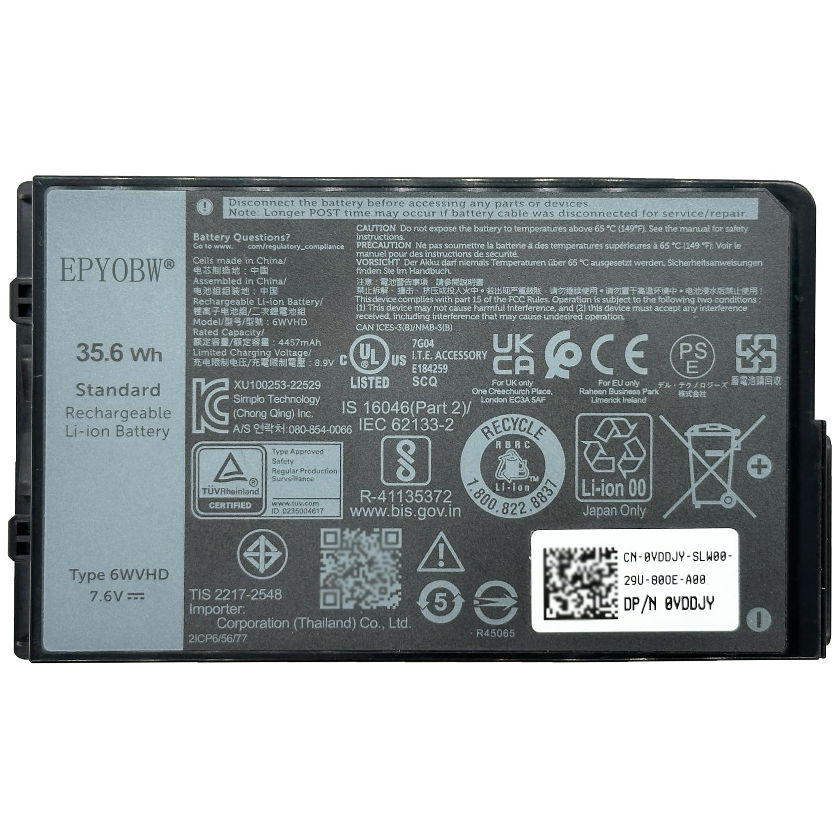 6WVHD Laptop Battery 35.6Wh 4457mAh 4-Cell 7.6V Compatible with DELL Latitude 7230 Rugged Extreme Tablet / T06H T06H001 Series FNW8F 0VDDJY VDDJY 0JM6CX JM6CX 451-BDDY