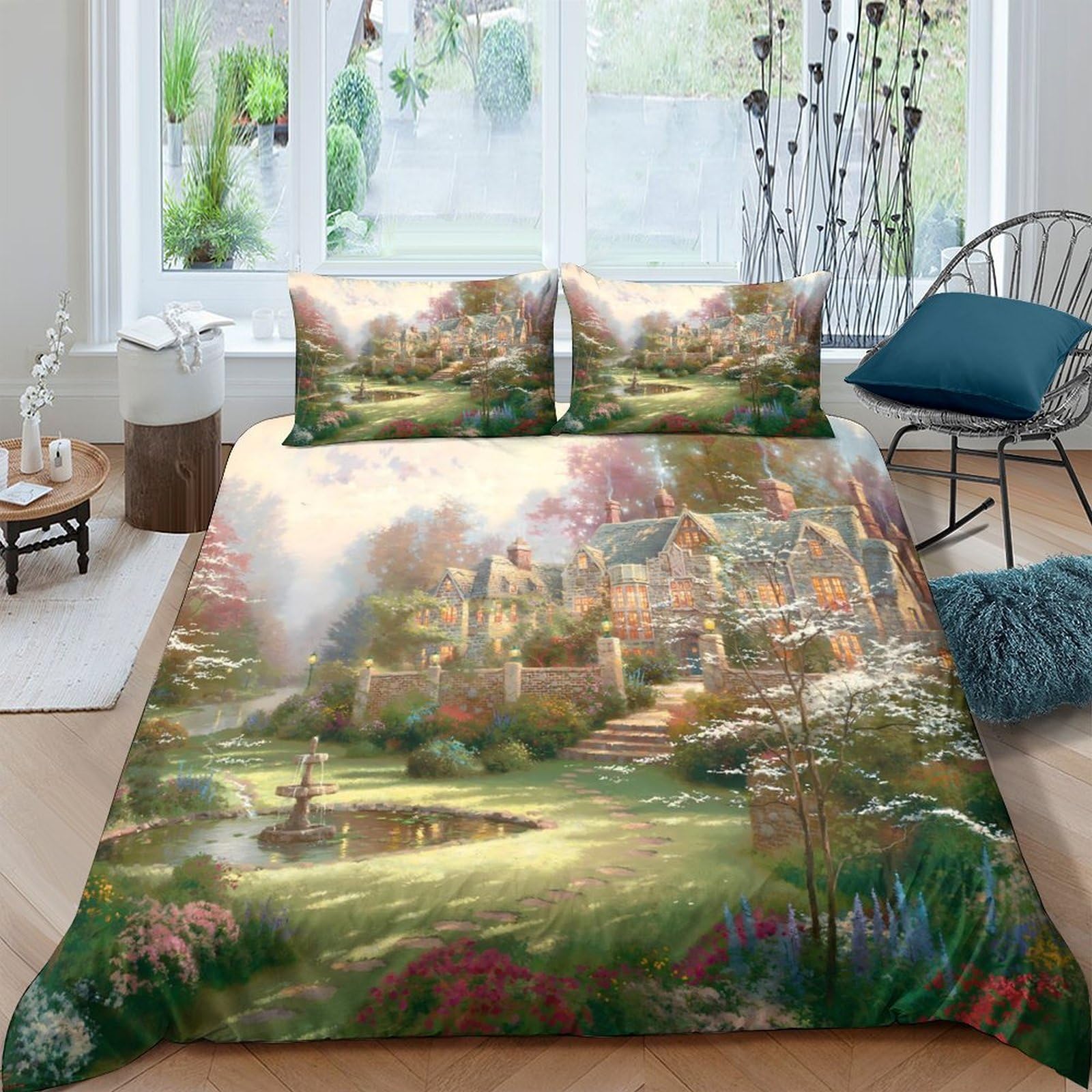 Ctjqhvkz Style-1 3D Printed Cottage Garden Fitted Sheet Microfiber Soft Floral Landscape Bed Cover For Bedroom Dorm Decor Protection Single（135X200cm）