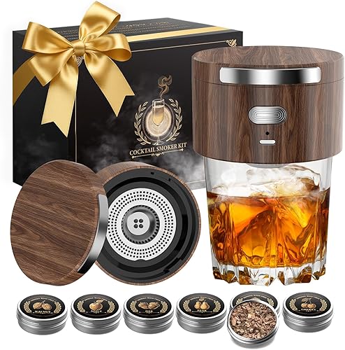 Kit de ahumador eléctrico de whisky integrado, kit de ahumador de cóctel recargable con 6 virutas de madera, no requiere butano, se adapta a la