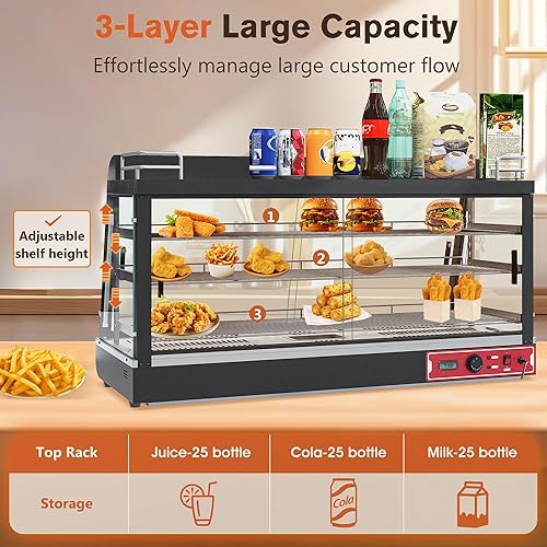 Miniatura 5 de Calentador de alimentos comercial de 3 estantes con estante superior, calentadores de encimera de 44 pulgadas, caja caliente para pizzapretzelpara