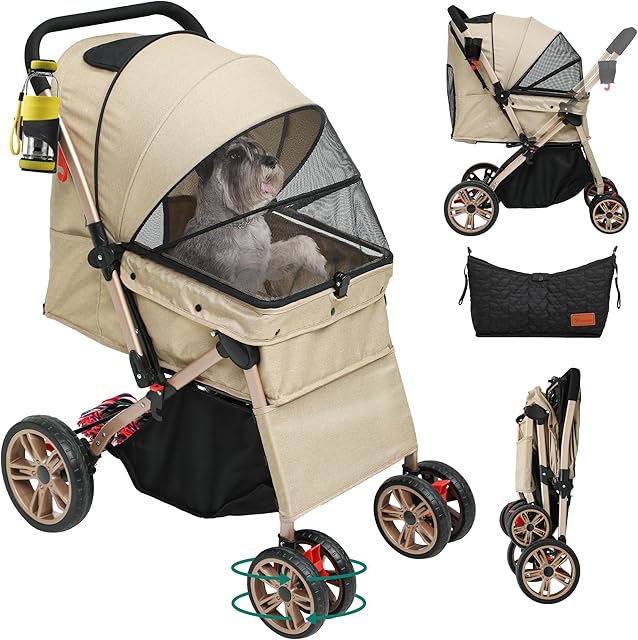 YITAHOME Pet Stroller, Foldable Cat Dog Stroller, 2 Directions of travelDog Pushchair, Dog Pram with Storage Basket Cup Holder Removable Hanging Bag, Dog Pram for Small Medium Dogs, Dog Buggy (Khaki)