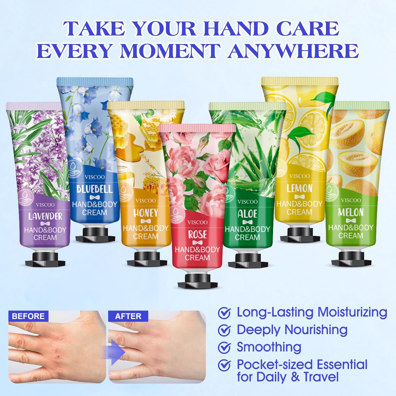 VISCOO Geschenkset mit 42 Handcremes für Damen, ideal zum Befüllen von Weihnachtsstrümpfen, Geschenke für Jugendliche und Frauen, auch in Reisegröße, feuchtigkeitsspendende Mini-Lotion für Ma