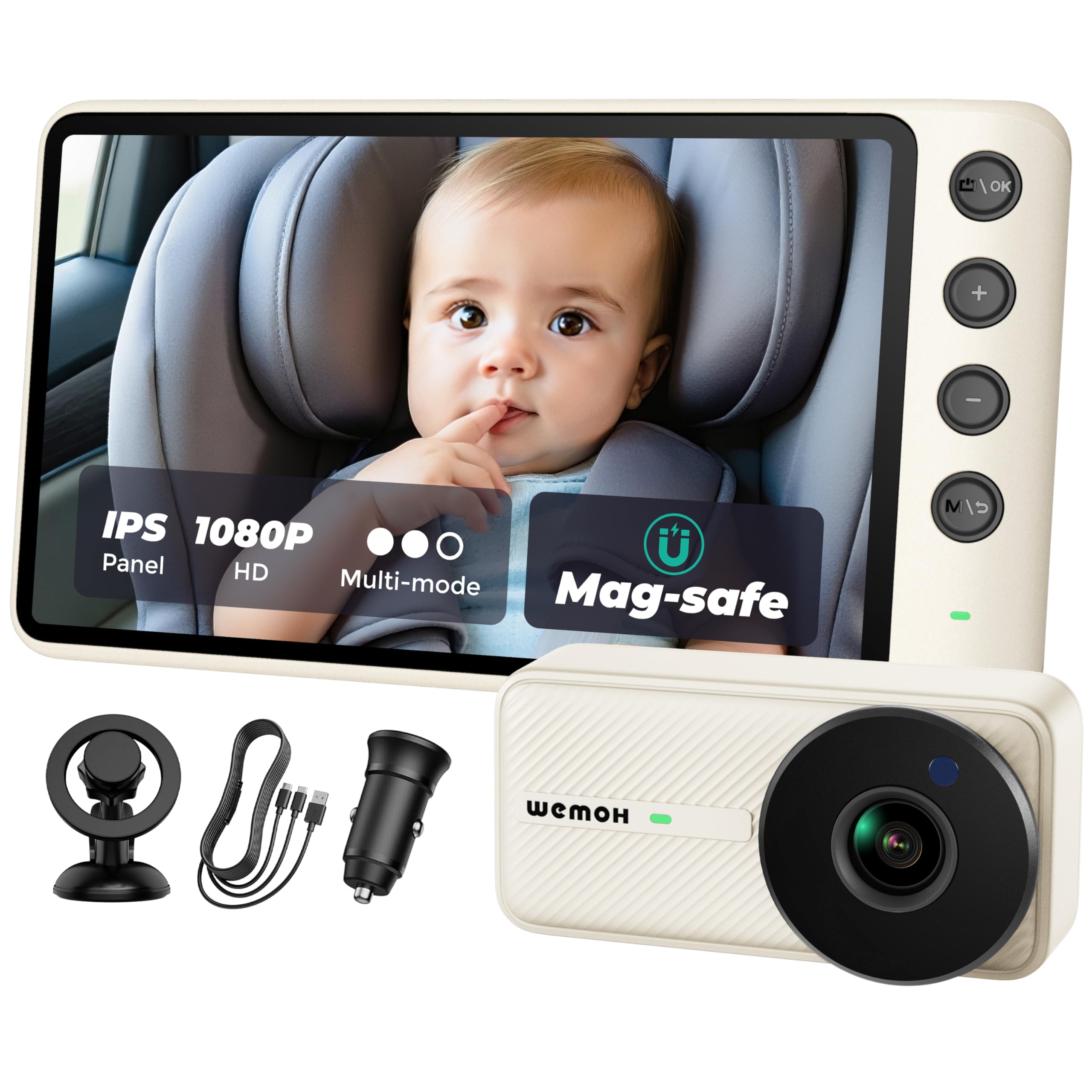 Magnetische Baby-Autokamera, 12,7 cm (5 Zoll), 1080P HD IPS, magnetische Halterung, Auto-Nachtsicht, 360° Drehung mit Split- und Zoom-Modus, USB-betriebene Autositzkamera für hinten, Weiß