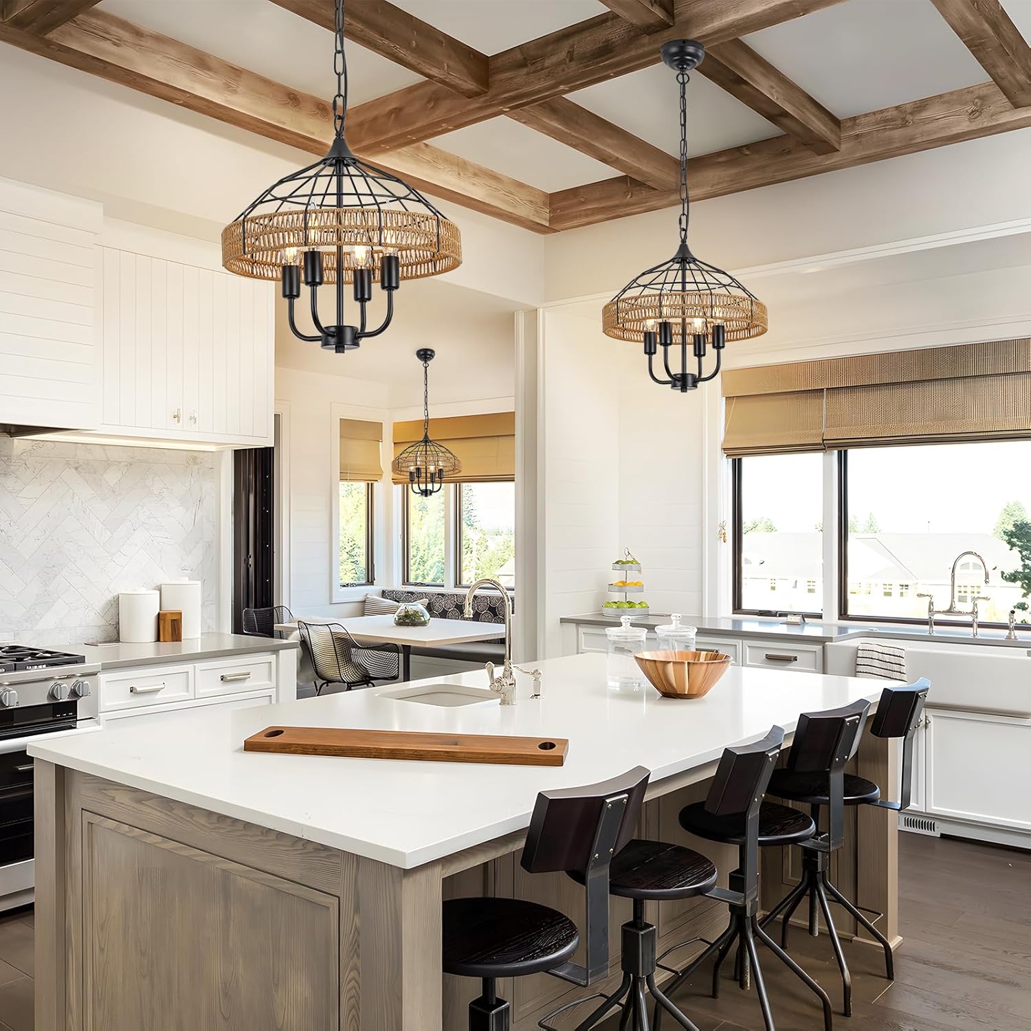 KEESFU Boho Pendant Light Chandelier Light, Farmhouse Rattan Hand-Woven Light Fixture,Adjustable Coastal Hanging Ceiling Chandelier for Dining Room Kitchen Island Foyer.