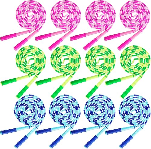 Paquete de 12 cuerdas de saltar para niños, cuerda de saltar con cuentas, longitud ajustable, sin enredos, cuerdas de saltar con cuentas para niños,
