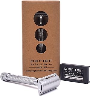 Parker Safety Razor, 91R Double Edge Safety Razor – Three-Piece Heavyweight Safety Razor with Brass Frame & Chrome Plated Knurled Handle –5 Premium Parker Platinum Double Edge Razor Blades Included