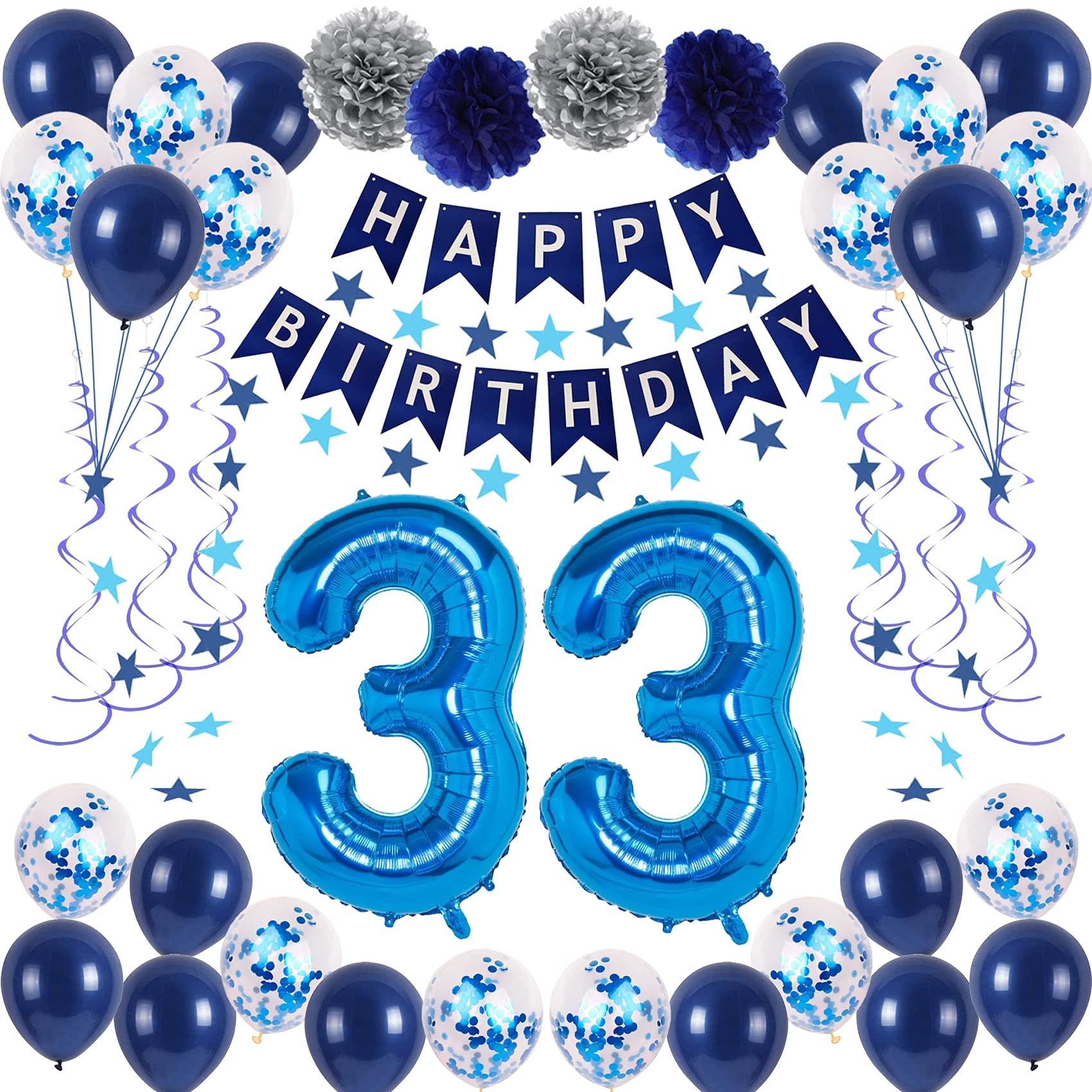 NANINUNENO 33rd Blue Birthday Party Decorations for Men Women, Happy 33 Birthday Balloons Supplies with Happy Birthday Banner, 33 Number Balloons,