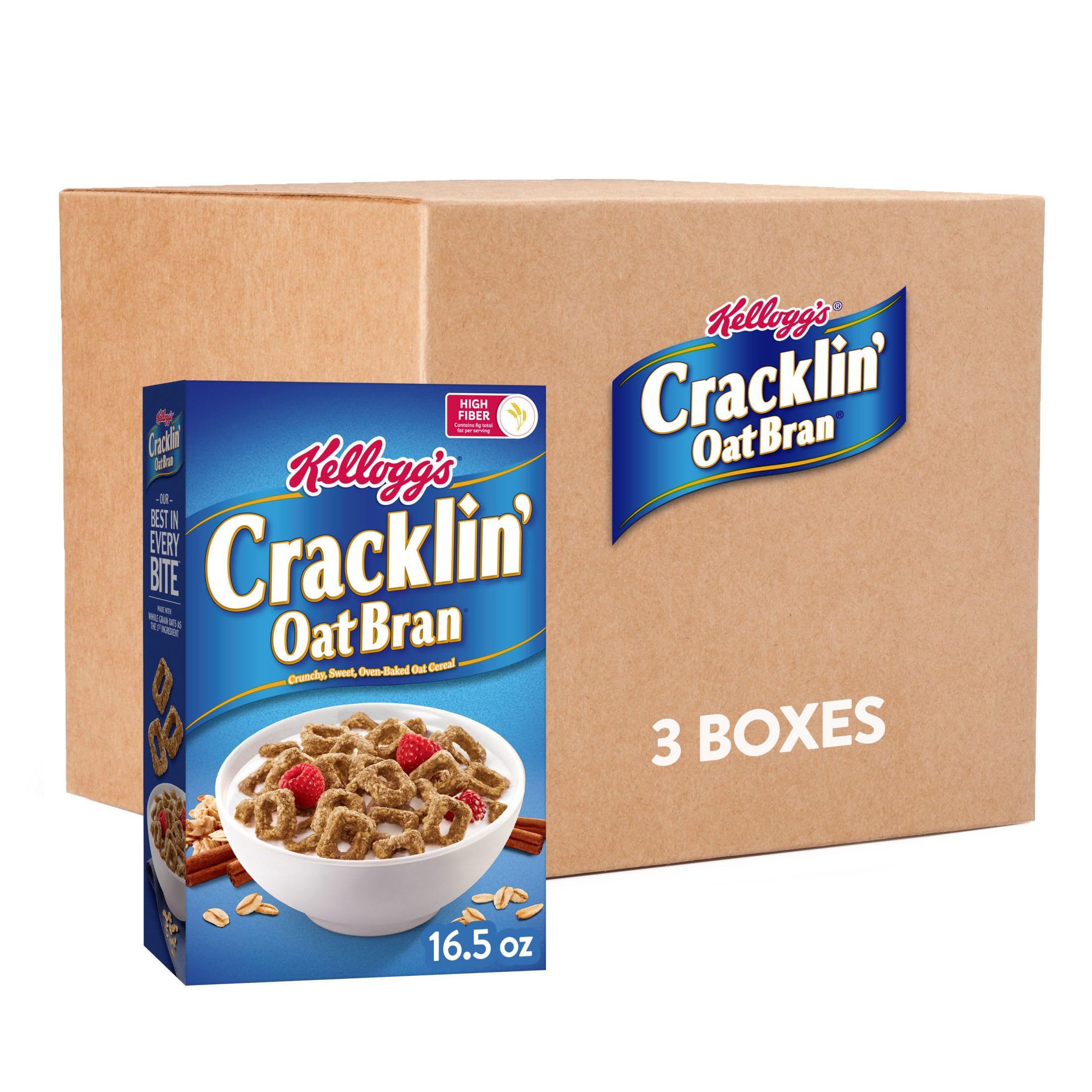 Kellogg's Cracklin' Oat Bran - Cereales para desayuno, cereales de fibra, cereales familiares, originales (3 cajas)