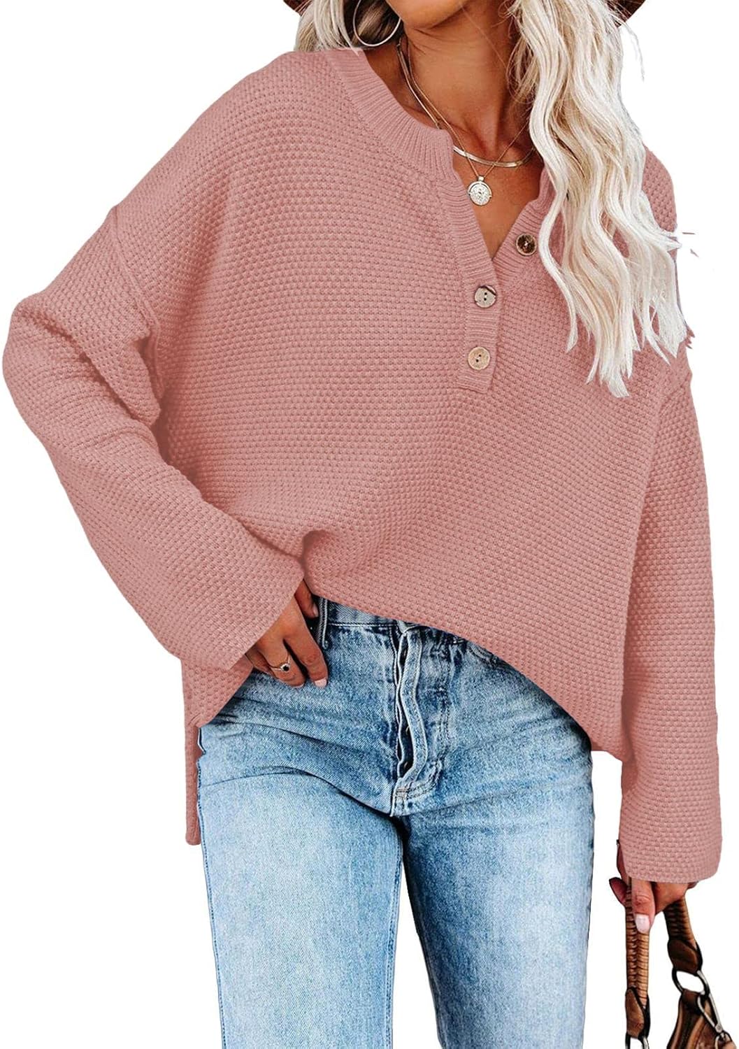 Pink Queen Women's V Neck Button Sweater Oversized Batwing Long Sleeve Henley Pullover Knit Jumper Top Small Pink