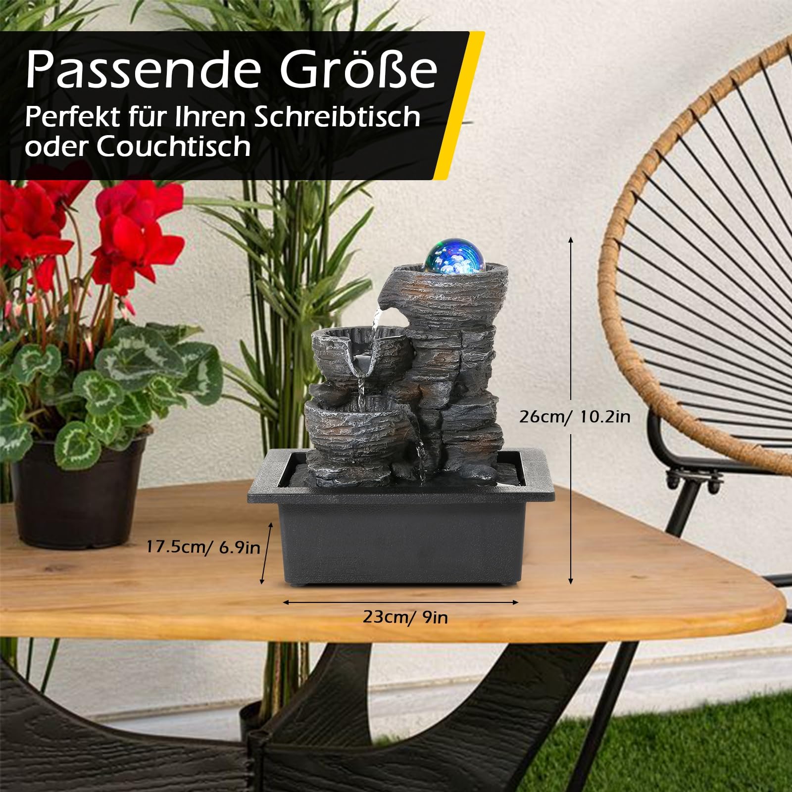 Dyna-Living Zimmerbrunnen Tischbrunnen mit Rollender Kugel, Brunnen Polyresin Springbrunnen LED-Beleuchtung Mehrfarbig, Tischplatte Wasserbrunnen Wasserfall Brunnen, 26 * 23 * 17.5cm