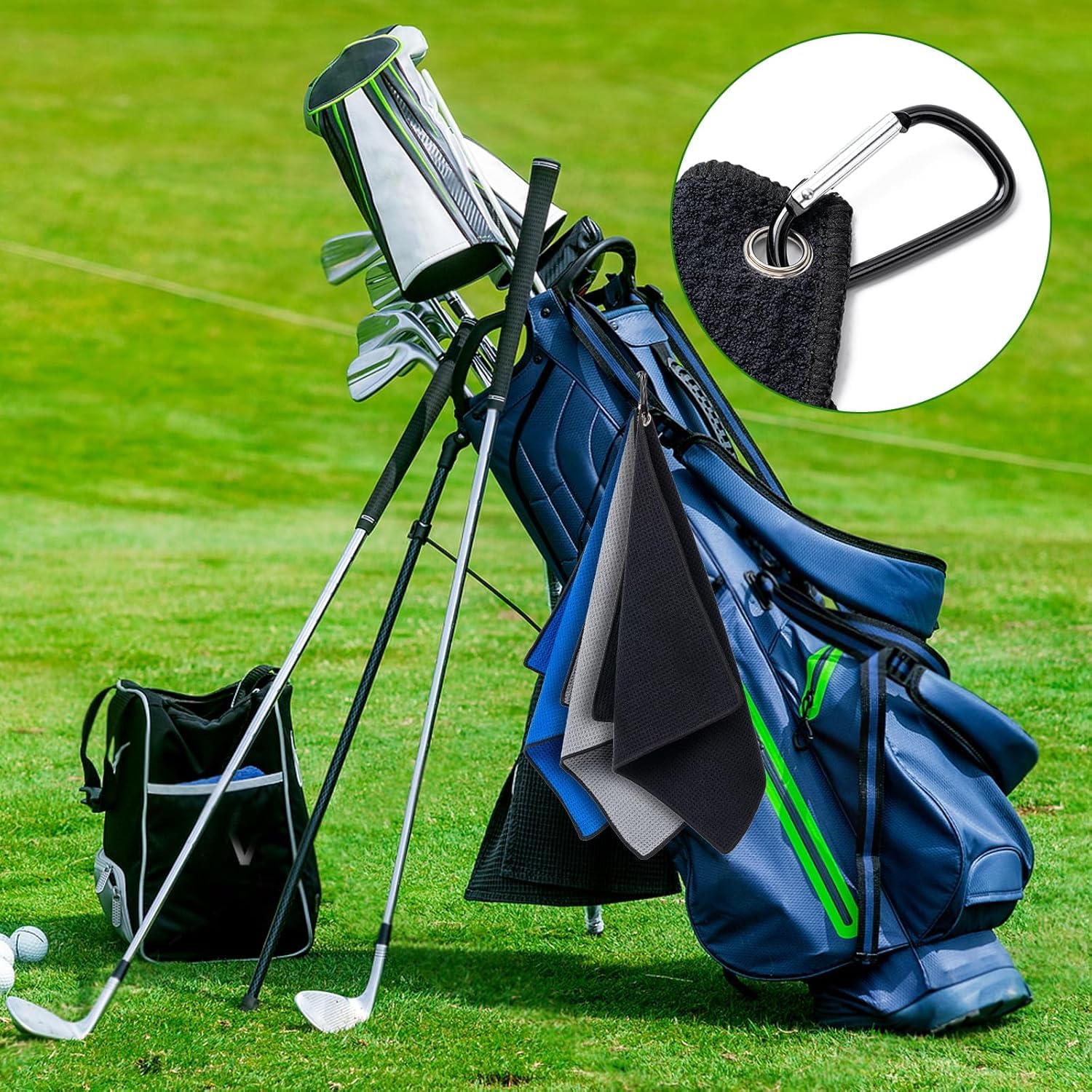 MEISO Toallas de Golf Microfibra 40xcm Ultra Absorbente Mosquetón Diseño Gofre Secado Rápido Negro