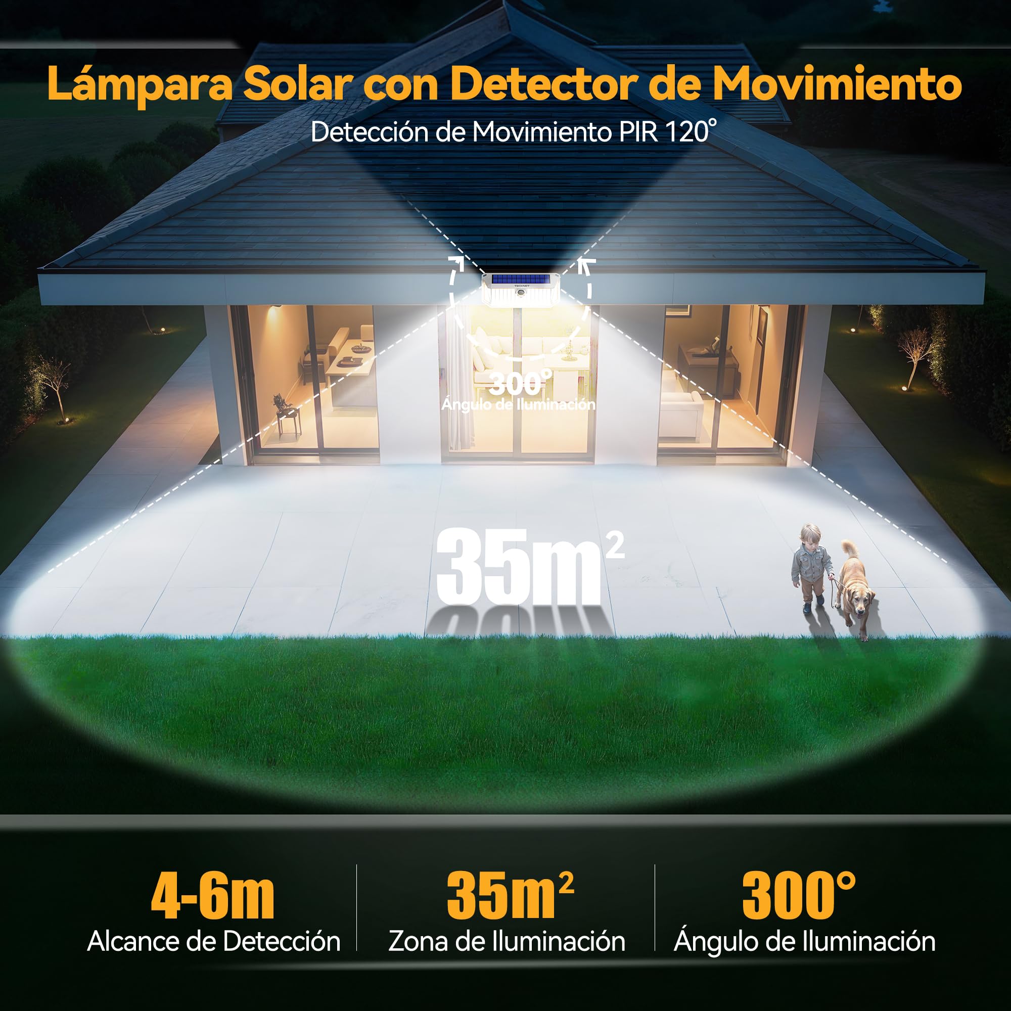 TECKNET Luz Solar Exterior, 4200lm 416 LED Focos Led Exterior Solares | Movimiento 300° Iluminacion 3 Modos IP66 Impermeable Focos Led Solares para Jardín, Garaje, Patio, 4 Paquete