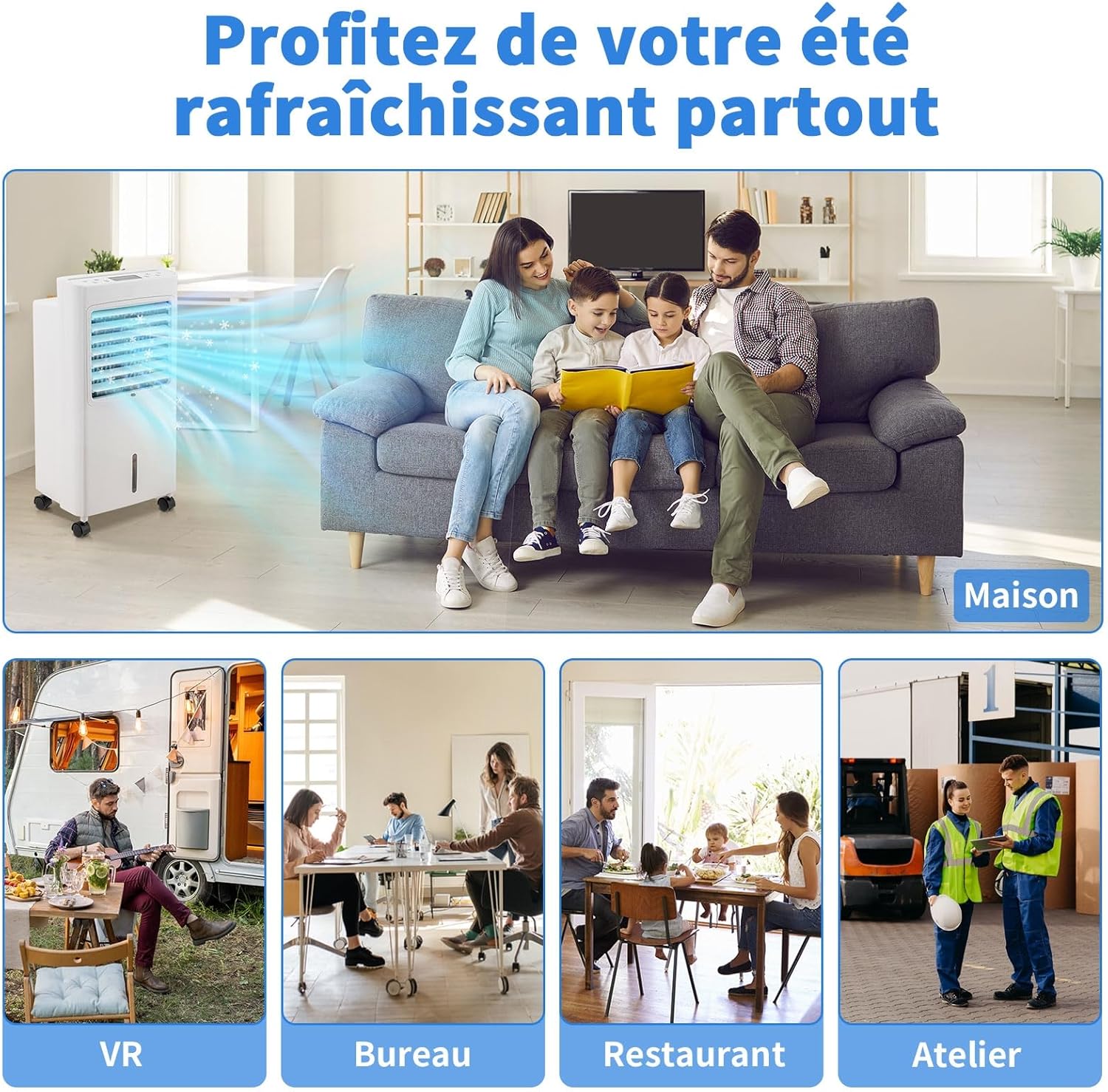LEADZM Mobile Air Cooler shown in various settings: home, VR setup, office, restaurant, and workshop, highlighting its portability.