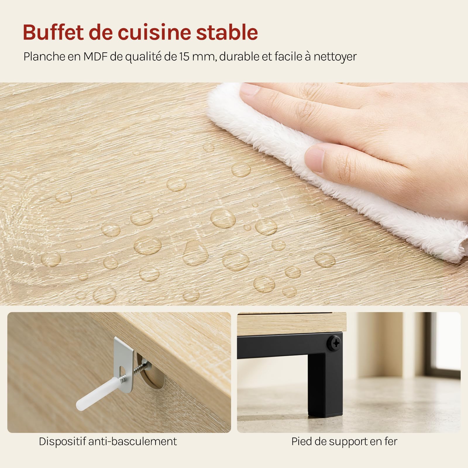 WOLTU Buffet Cuisine, Meuble Cuisine Rangement avec Tiroir, Porte Coulissante, pour Cuisine, Salle à Manger, Salon, 70x30x80,2 cm, en Bois d'Ingénierie et Métal, Chêne Clair + Noir